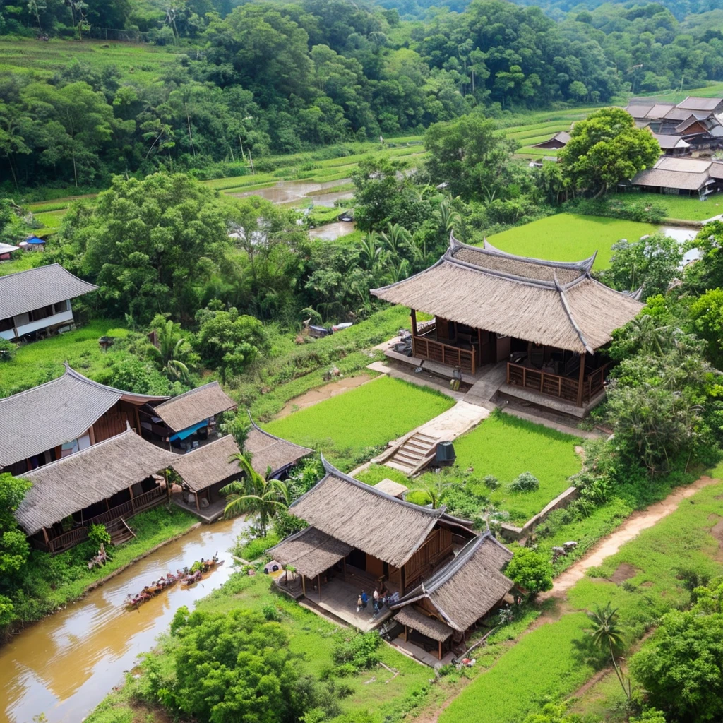 capture from above head, high angle shot. a typical malay villagers gathering around. an oldman put machete on trex neck, a lot of people watching. traditional malay house, paddy field, coconut tree, cow, goat ,chicken background.