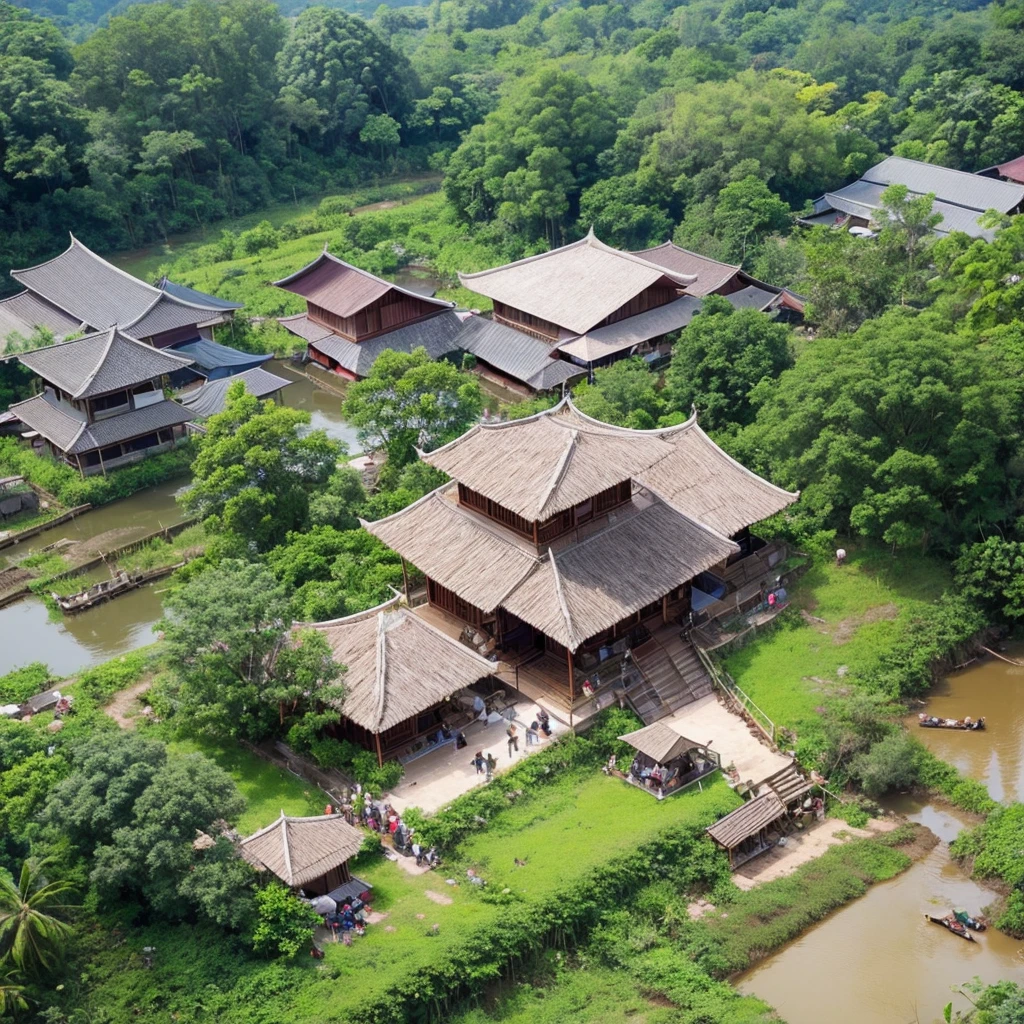capture from above head, high angle shot. a typical malay villagers gathering around. an oldman put machete on trex neck, a lot of people watching. traditional malay house, paddy field, coconut tree, cow, goat ,chicken background.