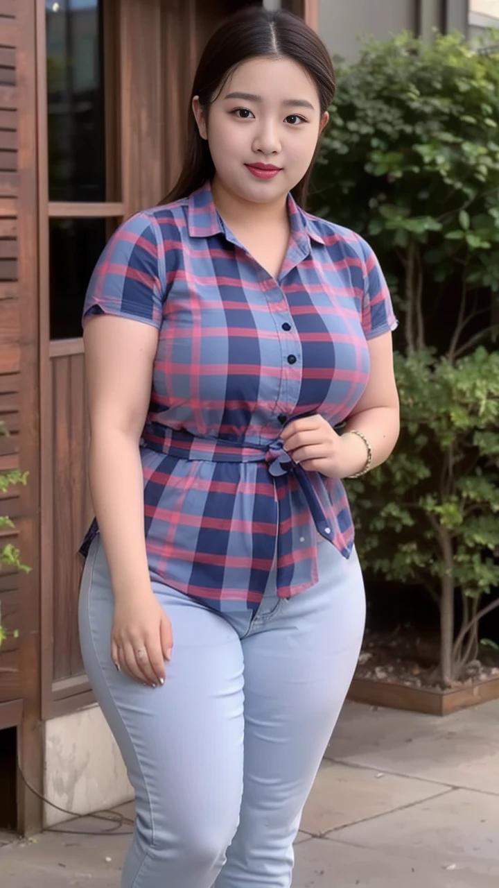 ((best quality)), ((masterpiece)), (detailed), perfect face, araffe woman in a long dark-blue shirt and blue denim skirt walking down a street, thicc,  wavy  short hair , she has a jiggly fat round belly, bbwchan, wearing tight simple clothes, skinny waist and thick hips, widest hips, her belly is fat and round, soft curvy shape, hyperrealistic full figure, wearing a cute top, wide hips, wearing 10 bracelet , wearing huge diamond necklace 