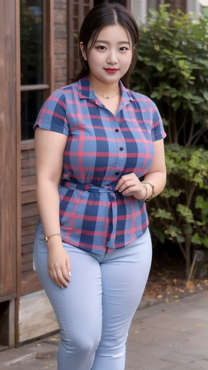 ((best quality)), ((masterpiece)), (detailed), perfect face, araffe woman in a long dark-blue shirt and blue denim skirt walking down a street, thicc,  wavy  short hair , she has a jiggly fat round belly, bbwchan, wearing tight simple clothes, skinny waist and thick hips, widest hips, her belly is fat and round, soft curvy shape, hyperrealistic full figure, wearing a cute top, wide hips, wearing 10 bracelet , wearing huge diamond necklace 