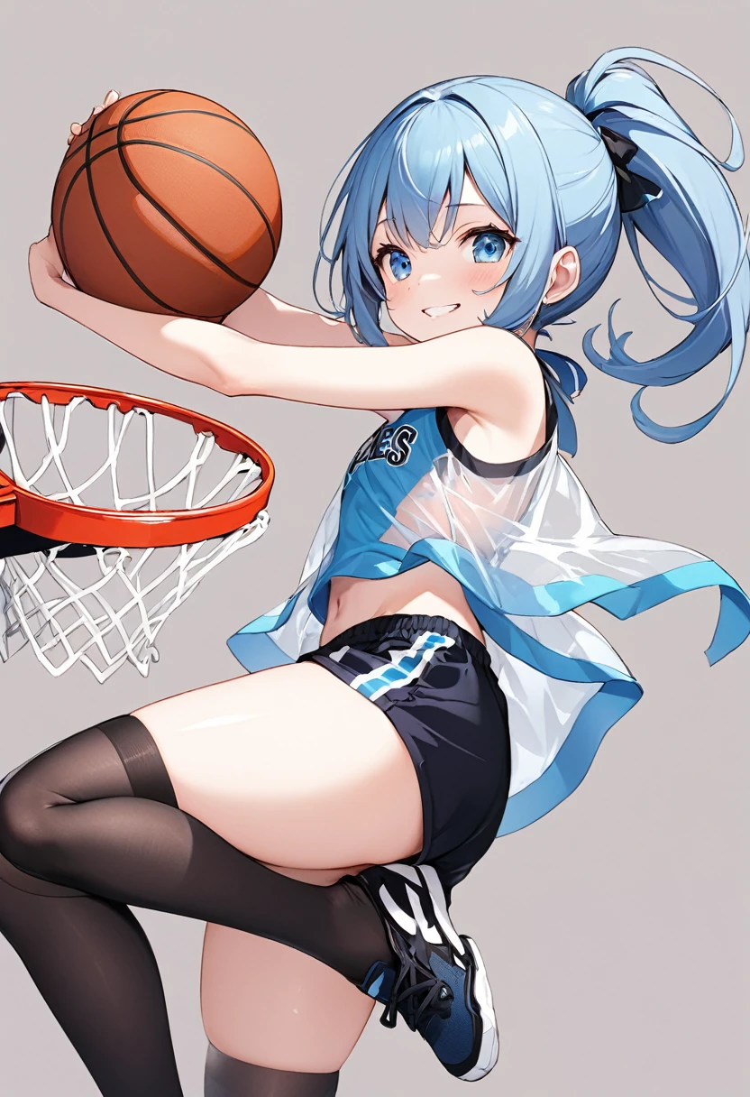 nsfw、BREAK Perfect Anatomy、Highest quality、(cute:1.1)、(cute)、(High resolution:1.2)、Unbelievably absurd:1.3、Incredible illustrations、(cuteイラスト:1.2)、Beautiful background、(1 girl) 、solo)、(10th Generation、JK、 face、Small breasts:1.2)、 Blue hair, blue eyes, Long ponytail hair,, Cute Hips, 、evil grin,(Sleeveless shirt、Shorts、Thigh-high stockings、(see through),List Supporter),、Basketball player making a dunk shot
