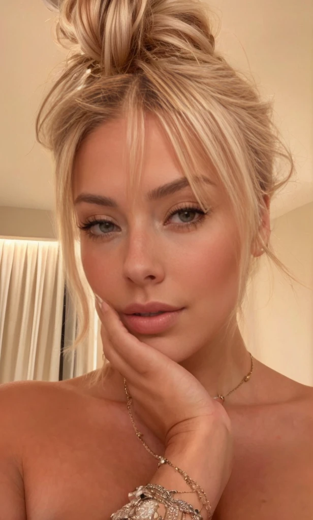 natural good light, very pretty, 25 years old, long hair, blonde hair, detailed skin texture, corinna kopf, sharp eyebrows, grey eyes, big tits, hourglass body shape, (4k photo:1.1) by (Jeremy Lipking:0.3), (Dittmann Anna:0.3), (Arian Mark:0.3), (Sharp focus:1.3) realistic, cleavage, Instagram, influencer, cute, posing, wearing clothes, high-res, ultra-detailed, vivid colors, professional lighting, (attractive young woman: 1.3), (seductive: 1.1), (blushing: 1.1) (realistic body), sexy body