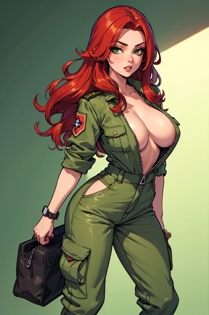 green solid background, 1 woman, best quality, ultra high res, long hair, red hair, green eyes, full lips, military overall jumpsuit, cargo pants, combat boots, wink at viewers, double D breast, standing, full body picture, holding tool