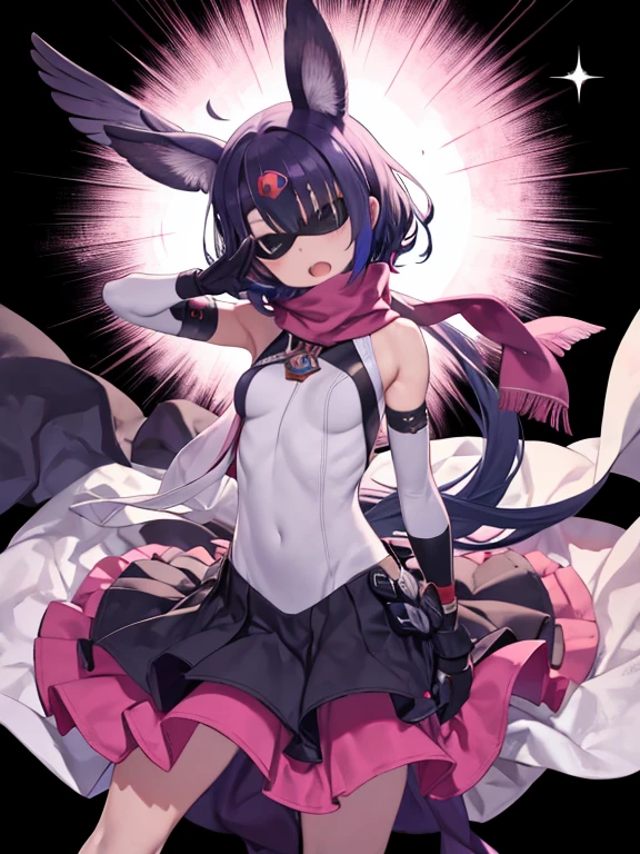 Sentai heroine girl、Eye mask、Blindfold、Body-fitting clothing、The shadow of the ribs is visible、Colorful costumes、Colorful Hair、A long scarf fluttering in the wind、pose、salute、V-shaped eyebrows、Open your mouth、Upper Body、Twisting the body、Stand with your feet apart、