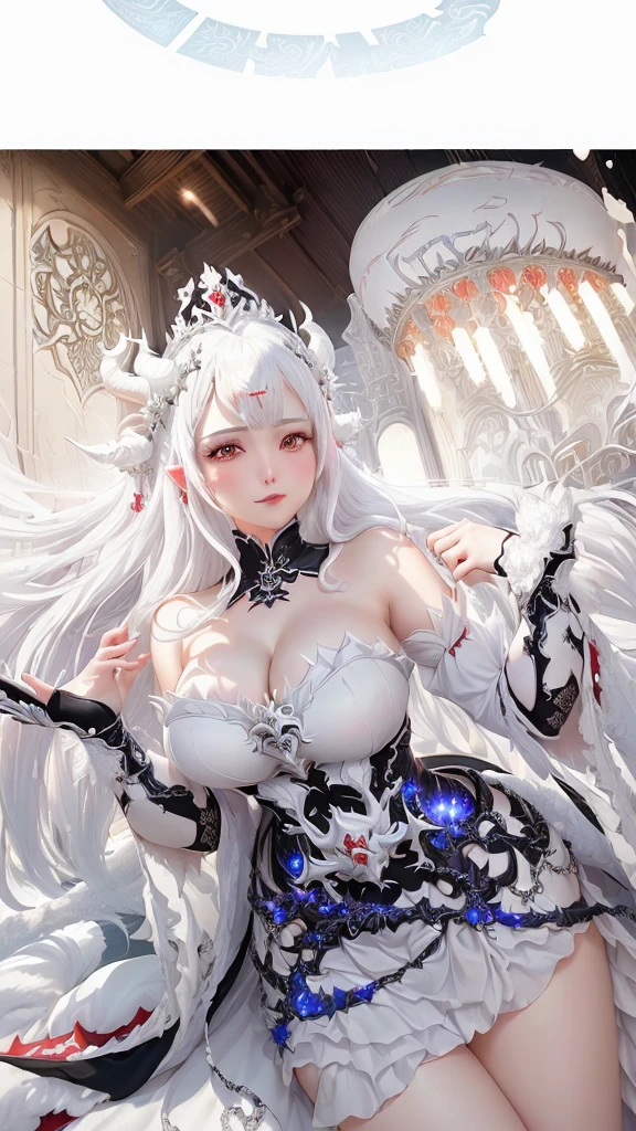 a cartoon picture of a woman in a white dress with big breasts , white haired deity, white horns queen demon, ((a beautiful fantasy empress)), anime goddess, drakengard, queen of dragons, a beautiful fantasy empress, from arknights, trending on devianart, masterpiece goddess of sorrow, tifa lockhart with white hair, white-haired