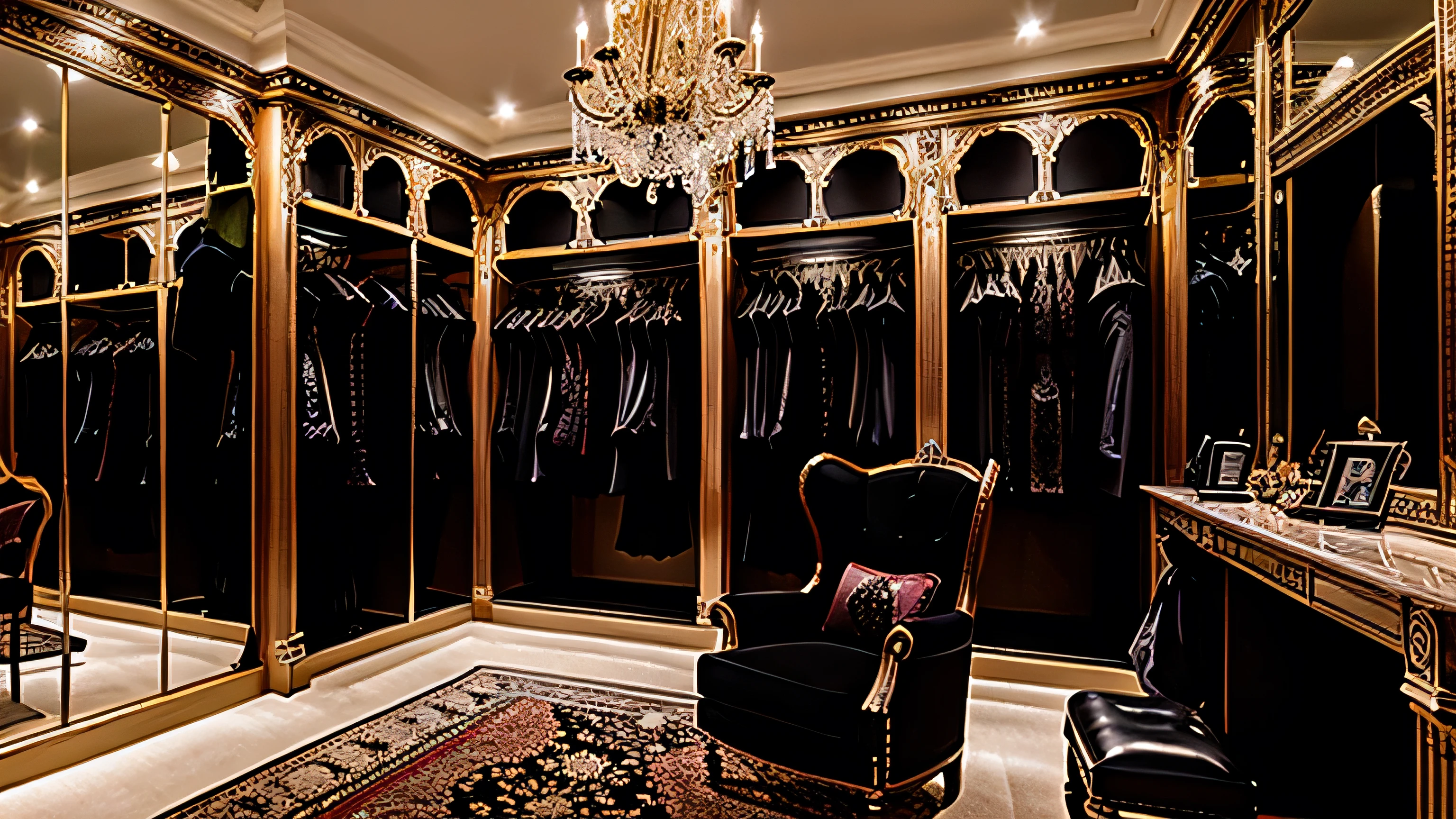luxury dressing room, gothic, black, corsets, ballgowns, nylon stockings, lingerie, victorian, latex, satin, lace, chair