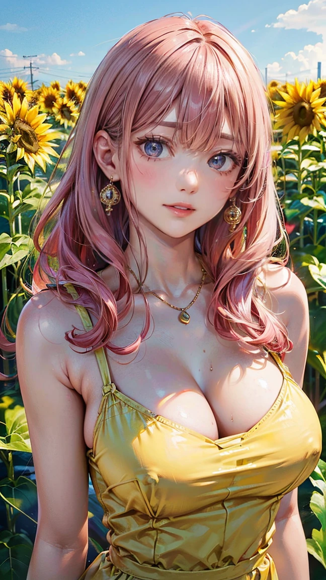 (Masterpiece, BestQuality:1.3), (ultra detailed:1.2), (hyperrealistic:1.3), (RAW photo:1.2), High detail RAW color photo, professional photograph, (Photorealistic:1.4), (realistic:1.4), professional lighting, perfect anatomy, (Big Breasts:1.2), (blush, detailed face), (cheerful Smile:1.5), Trending Hair&Trending Hairカラーをランダムに, earrings, necklace, bracelet, sexy, erotic sexy, Random sexy gravure poses, (A sexy beauty in a yellow summer dress is smiling and posing sexy in a sunflower field。Her long pink hair shines in the sun.。:1.3)