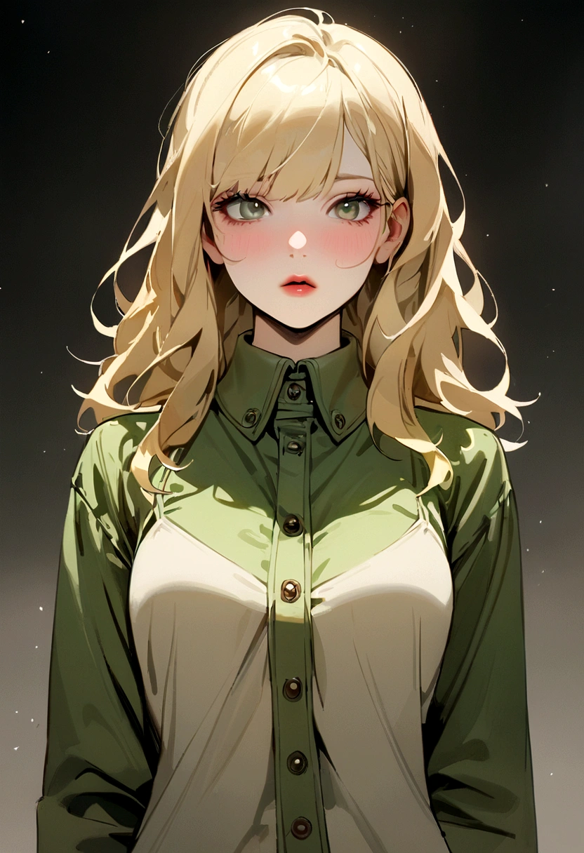 Korean、1 girl、blonde、amount、Green Leather Shirt、Stand up your collar、Face Up、