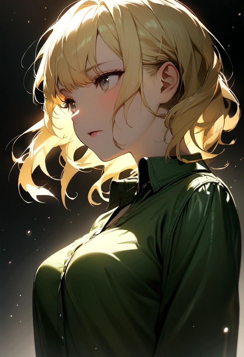 Korean、1 girl、blonde、amount、Green Leather Shirt、Stand up your collar、Face Up、