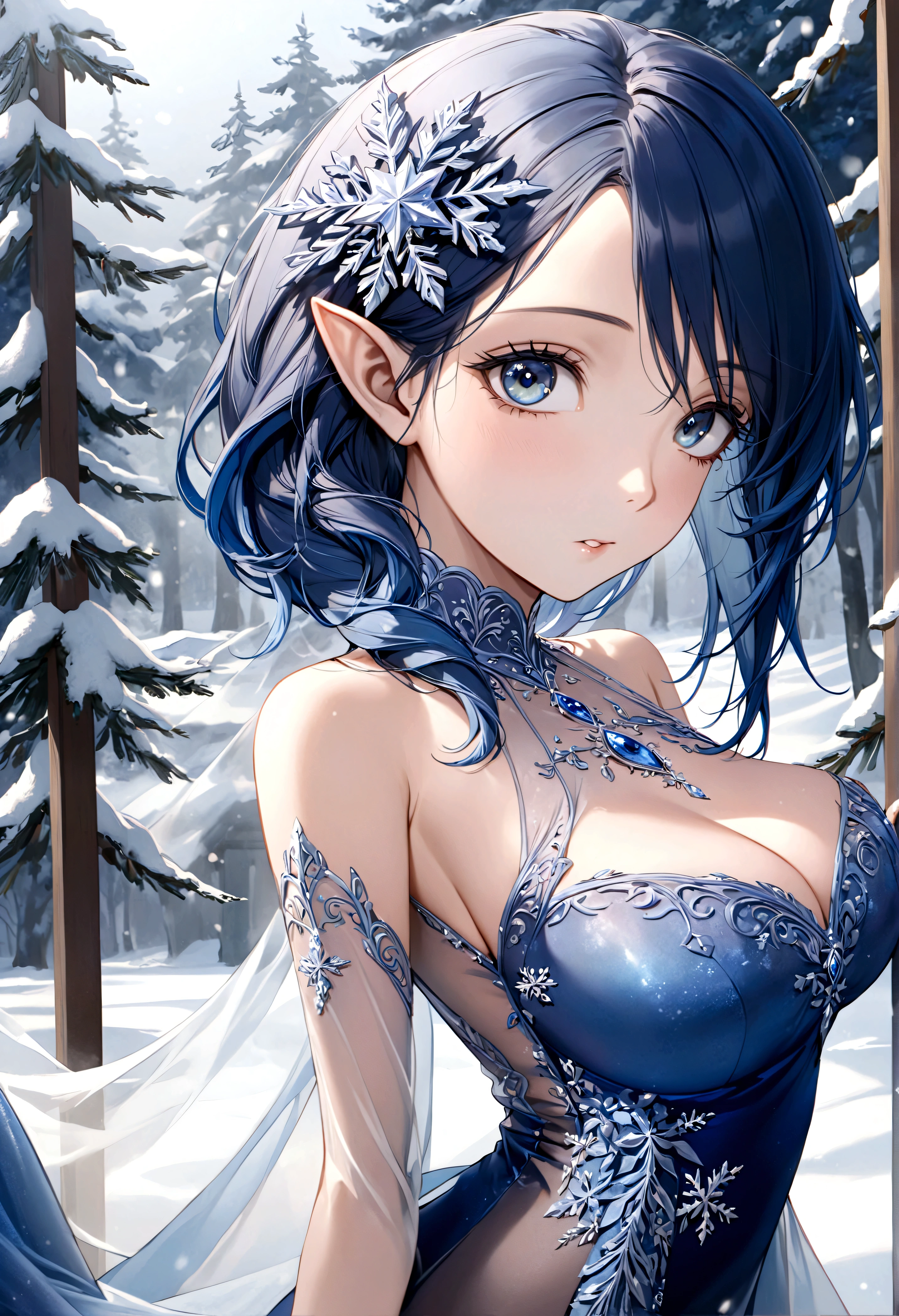A ice elf (lovely woman, pale blue skin, deep blue hair and eyes, sheer reflective evening dress) acting alluring in a winter wonder land