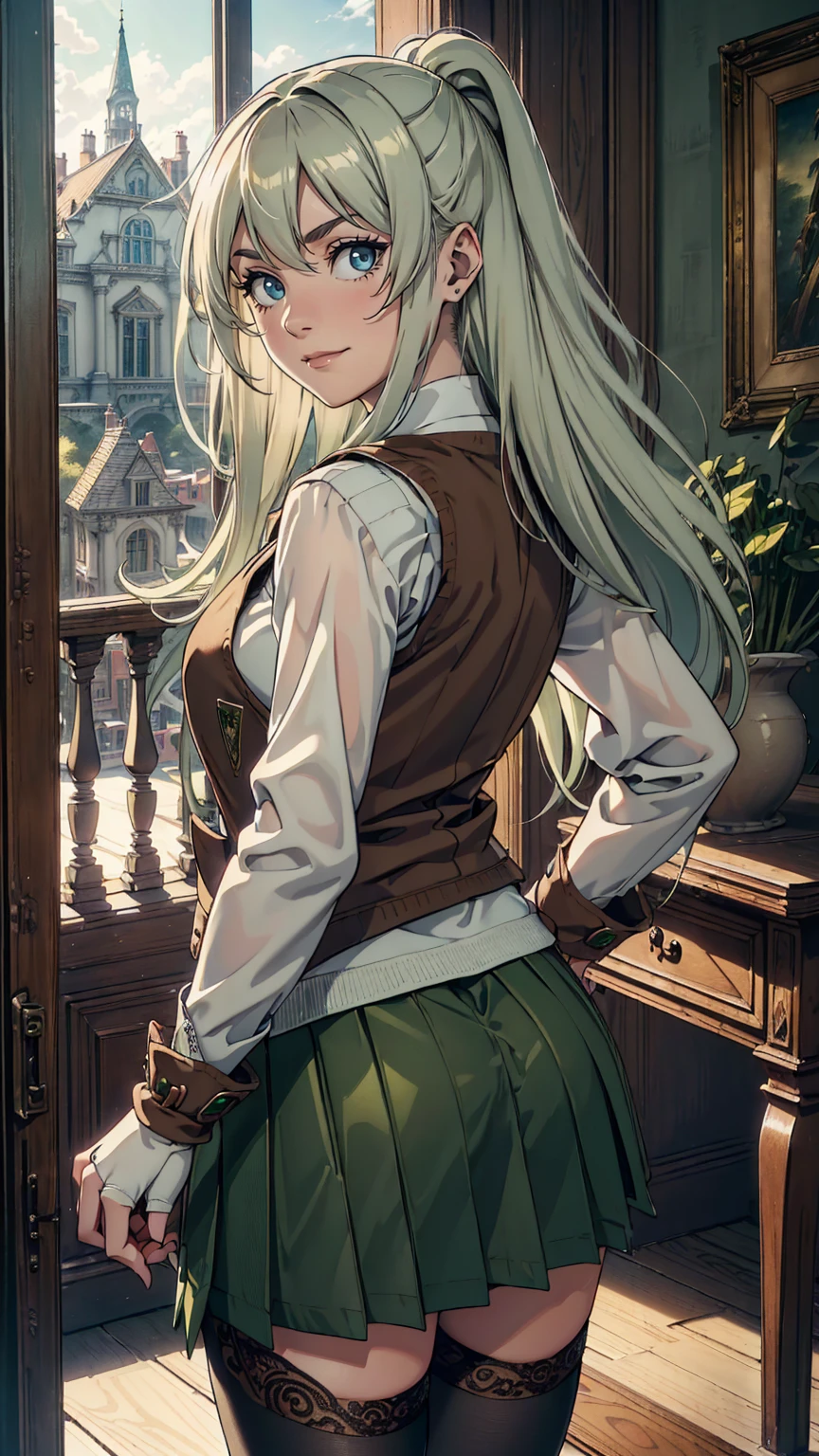 最high quality、Ultra High Definition, Ultra High Quality, Hyper Definition, Hyper Quality, Hyper Detailed, Extremely Detailed, Perfectly Detailed, Best image quality、masterpiece、woman((20-year-old、Looking Back Over Shoulder, Green solid eyes, Silver long Hair、Disheveled Hair、Long White Hair、thin,Fingerless Glove、Green Skirt, Tights, Smirk、Brown School Vest , Dressed in school)),high quality、Beautiful art、background((Inside the mansion))、Written boundary depth、movie、Visual Arts、Perfect art、8K,Genuine、