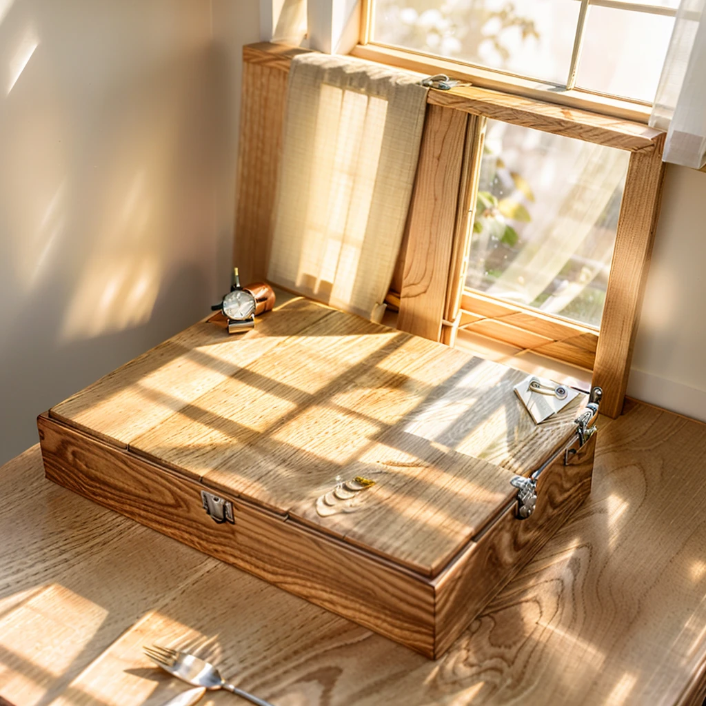 In this cozy room，A ray of sunlight shone through the half-drawn curtains on the table，Let the wood grain on the watch storage box shine with a faint luster。There was a calm and peaceful atmosphere in the air around them。There are several still lifes hanging on the walls of the room，It adds a touch of elegance to the space。And on the other side of the room，The half-open window lets in the breeze，The pages on the small desk by the window turned in the wind，This quiet scene gives a sense of tranquility and comfort。

