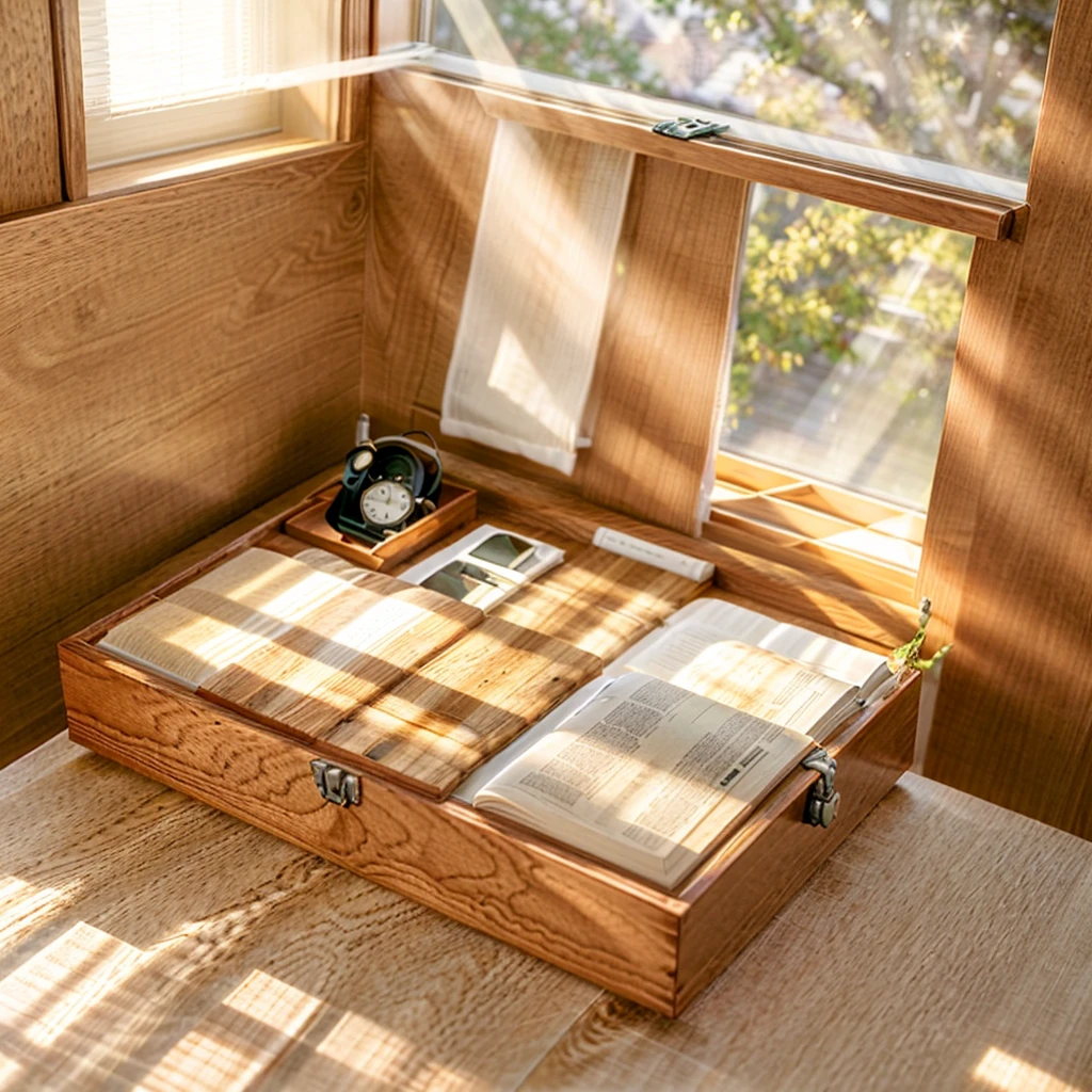 In this cozy room,A ray of sunlight shone through the half-drawn curtains on the table,Let the wood grain on the watch storage box shine with a faint luster。There was a calm and peaceful atmosphere in the air around them。There are several still lifes hanging on the walls of the room,It adds a touch of elegance to the space。And on the other side of the room,The half-open window lets in the breeze,The pages on the small desk by the window turned in the wind,This quiet scene gives a sense of tranquility and comfort。