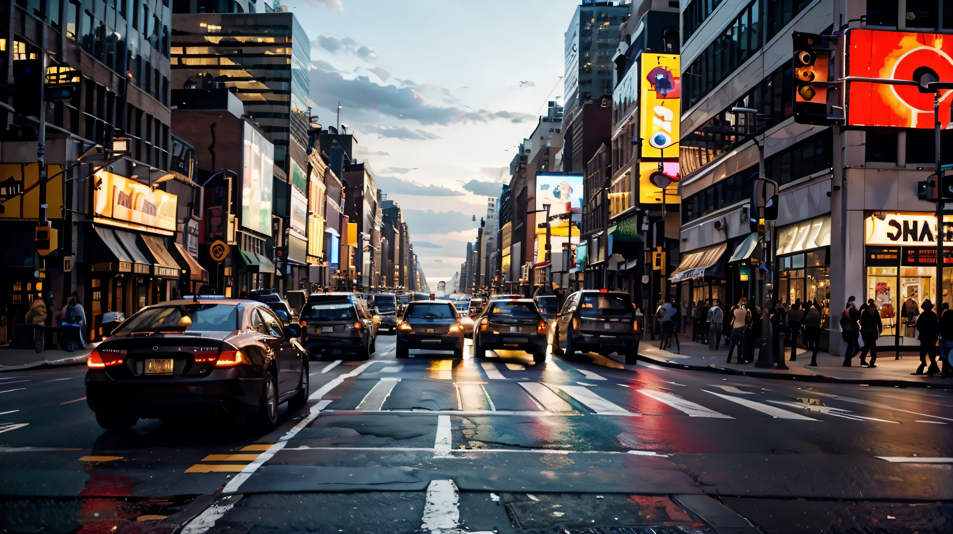 a crowded city street in New York City, massive skyscrapers, traffic jam, asphalt road, busy intersection, pedestrians crossing the street, detailed city landscape, gritty urban atmosphere, vibrant colors, dynamic composition, cinematic lighting, realistic 3D rendering, photorealistic, masterpiece, 8k, (ultra-high definition, hyper-realistic, highly detailed, high quality, sharp focus, professional lighting, vivid colors, intricate details), 