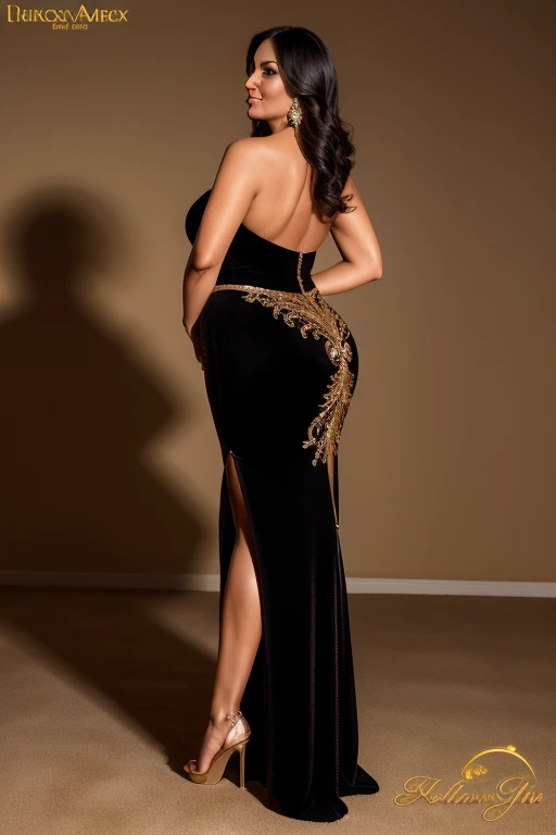 Stunning Mature Woman in a Lavish Evening Gown, High-End Fashion, Sultry Look, Attractive Senior, Radiant Skin, Elegant Body, Dazzling Evening Wear, Luxurious Fabric, no Slit Dress, High Heels, Sophisticated Jewelry, Confident Pose, Champagne Glass in Hand, Soft Lighting, Exclusive Event, Black Tie Gala. full body shot, side view from behind