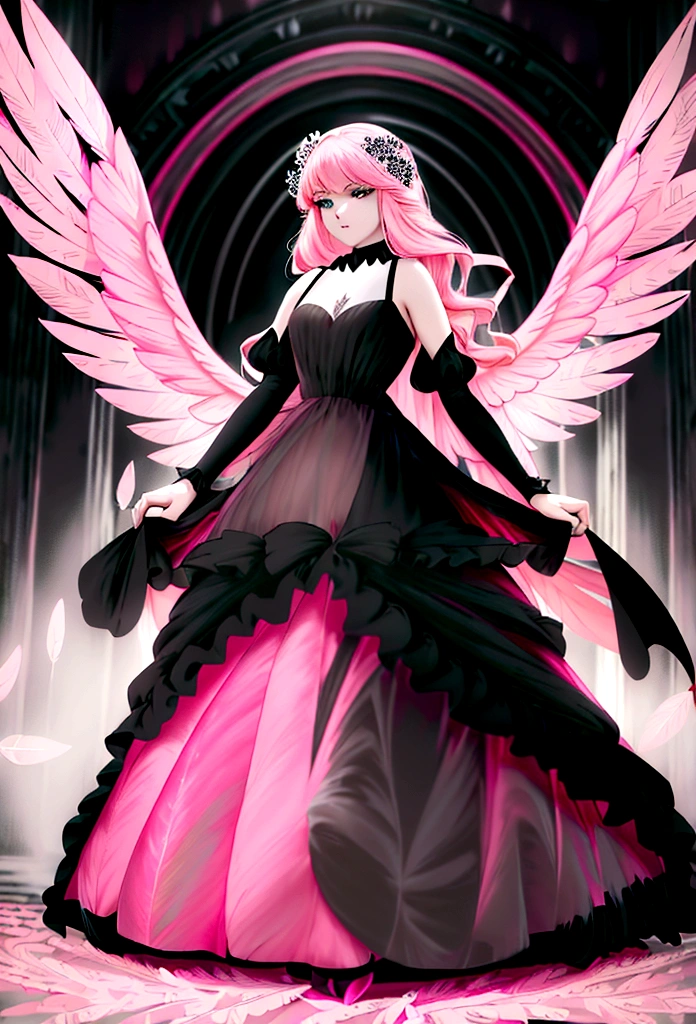 Arafed, a picture of a female angel in high society prom event, divine beautiful female angel, red hair, long hair, flowing hair, the hair glows in a soft light, cerulean eyes, deep light eyes, divine feminine face, (spread white feather wings: 1.2), she wears a ((pink and black evening dress: 1.5)), elegant, intricate detailed dress, silk dress, small cleavage, some crystals on the dress, she wears elegant knee high heeled boots, exquisite knee high heeled boots, she stands on the porch of a fantasy castle, dynamic angle, soft torch light, (Masterpiece: 1.5), 16k, highres, best quality, high details, ultra detailed, masterpiece, best quality, (extremely detailed), AngelStyle, GlowingRunesAI_paleblue, angel_wings, Angel
