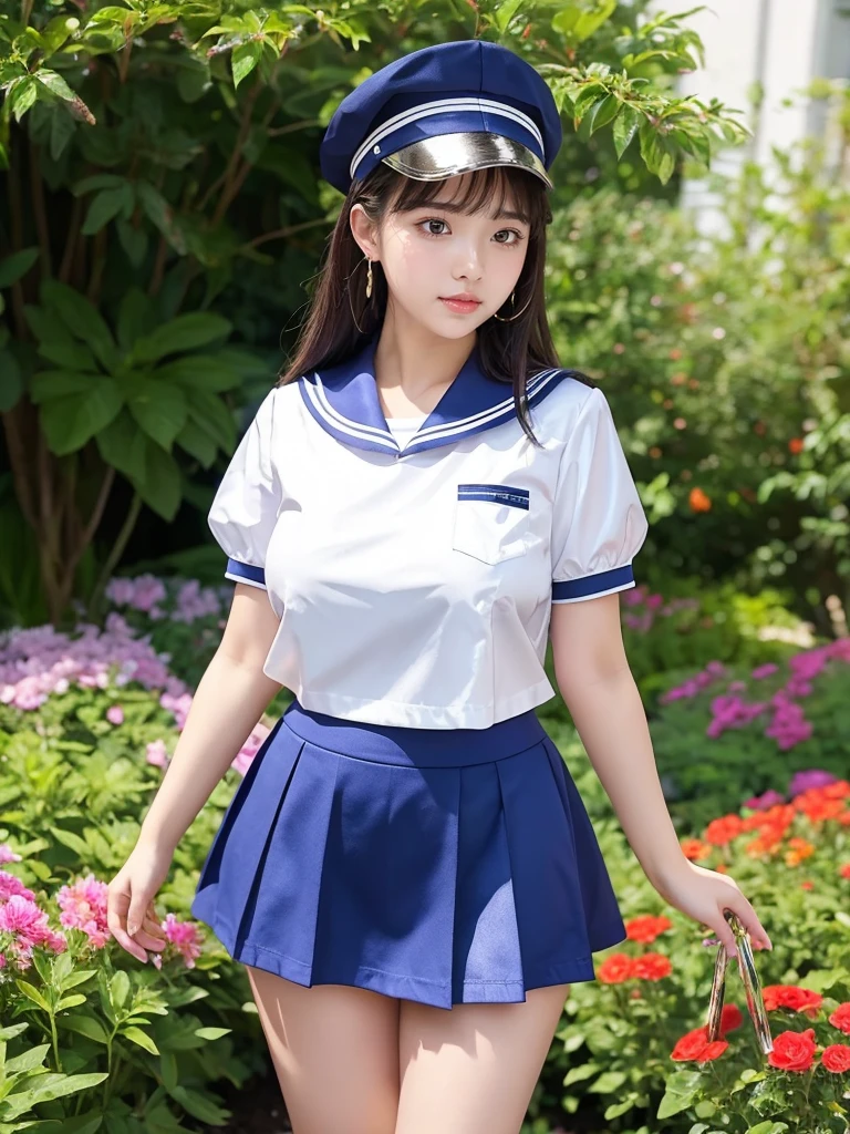 Beautiful woman、cute、Plump body、Big Tits、Earrings、Are standing、Super mini skirt short sleeve sailor uniform、garden、(Shiny skin:1.3)、From the thigh up