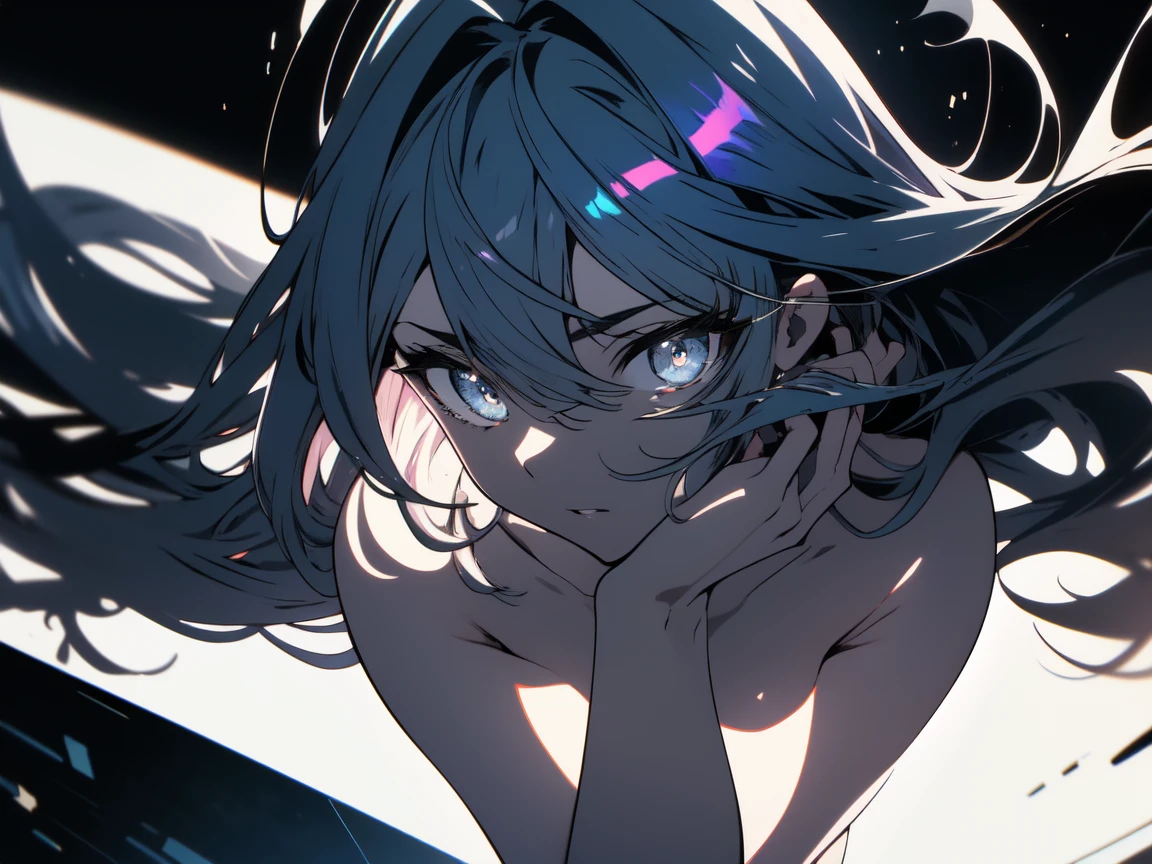 (ultra anime), (shape), (High resolution), (8k), (very detailed), (Best shape), (thin and beautiful eyes), (highest quality), (Super detailed), (masterpiece), (wallpaper), (detailed face), alone, (dynamic pose), one girl, white wavy hair, naked, topless, iris colored eyes, small breasts, black background