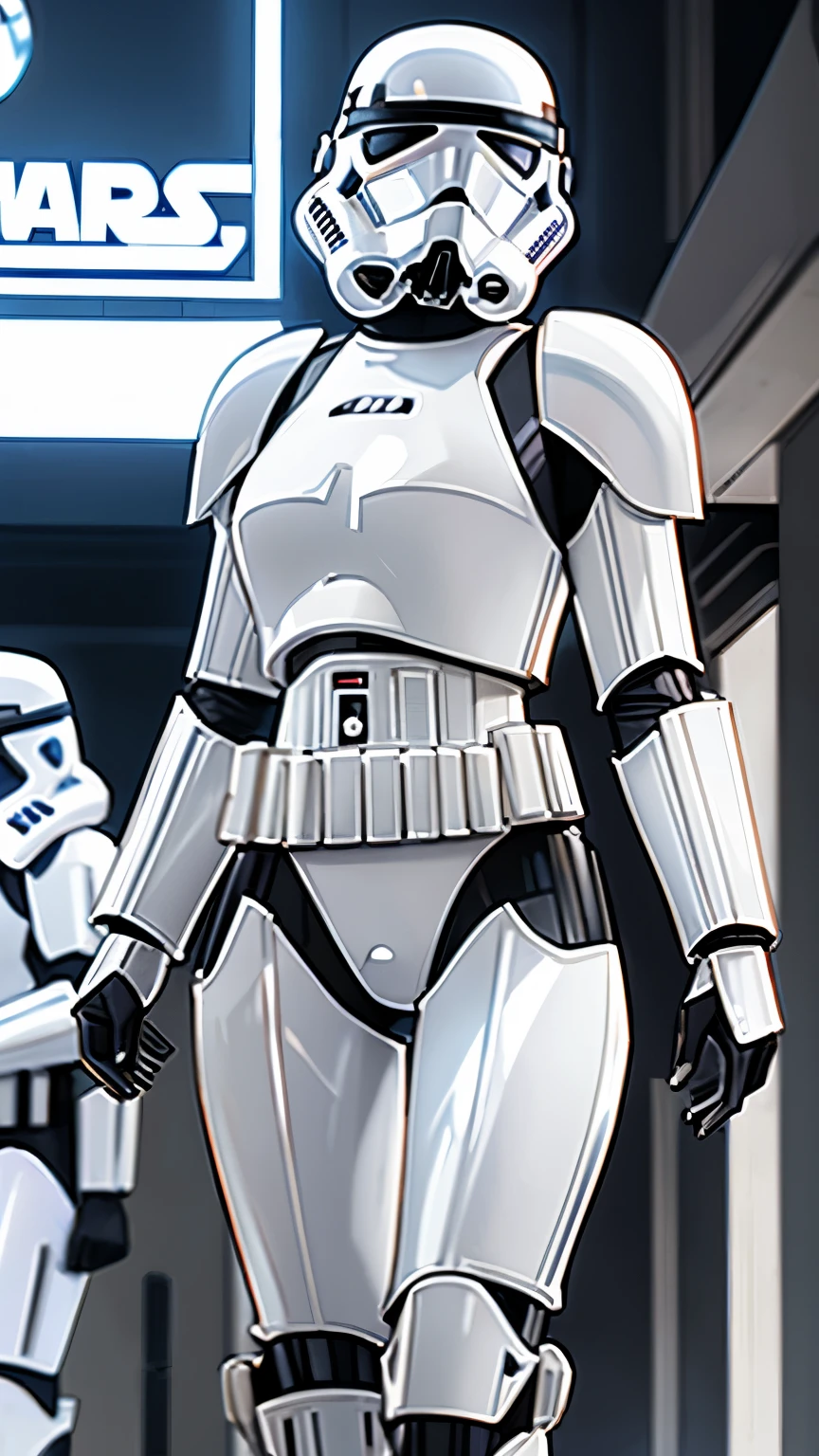 wearing shiny stormtrooper armor, a Star Wars imperial agent, wearing stormtrooper armor, imperial Star Wars style, storm trooper, stormtrooper, trooper, female stormtrooper, slender waist, medium breasts, wide hips, thigh gap, stormtroopers, Star Wars character