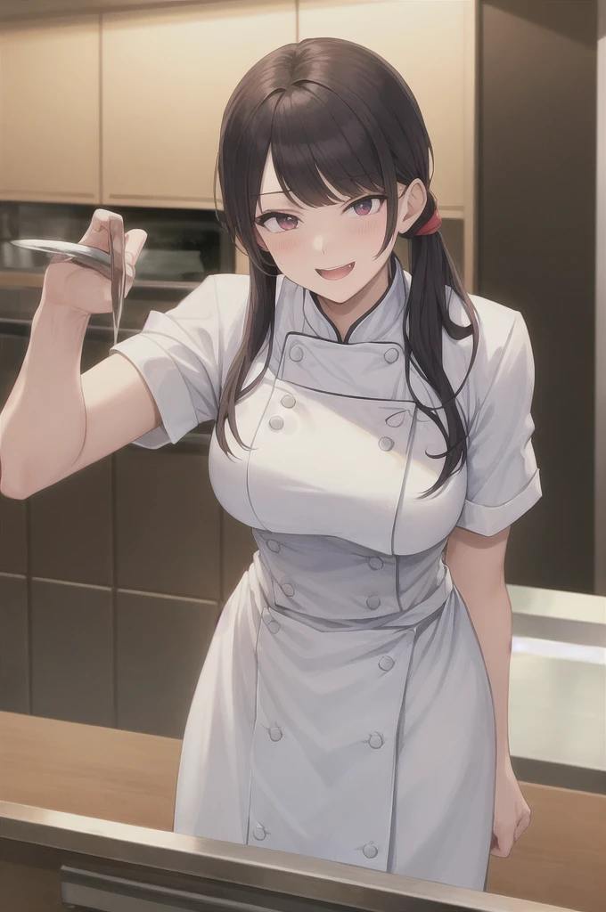 (masterpiece, best quality, detailed background, intricate details), fancy kitchen, 1girl, chef, cooking, brown hair, chef hat, chef uniform, smiling