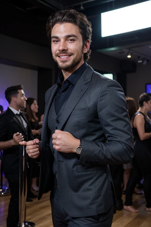 Male stubble beard brown handsome green eyes thin middle curly hair classy navy suit badass skinny in black clothes smiling dancing night club