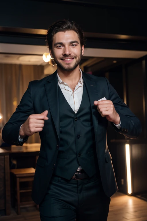 Male stubble beard brown handsome green eyes thin middle curly hair classy navy suit badass skinny in black clothes smiling dancing night club