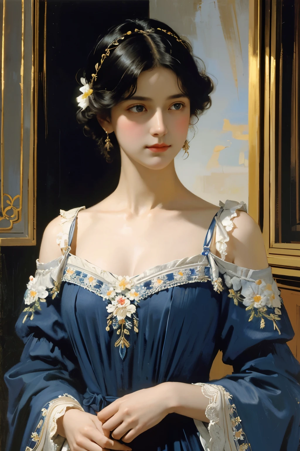 (masterpiece), (highest quality), oil, classical painting, 1 girl, (hole body), standing, portrait, bare shoulders, (beautiful prussian blue evening dress decorated with lace and embroidery :1.2), flowers、(on the balcony), (Sargent oil painting)、(highest quality、masterpiece)、 Realistic, photorealist,solo,beautiful face、lifelike face、black haired、short hair、beautiful hairstyle、 real looking skin、beautiful skin、attractive、Cute blouse、 Upper body,detailed,dark background,Backlight、soft light、Inspired by Edmund Leighton,