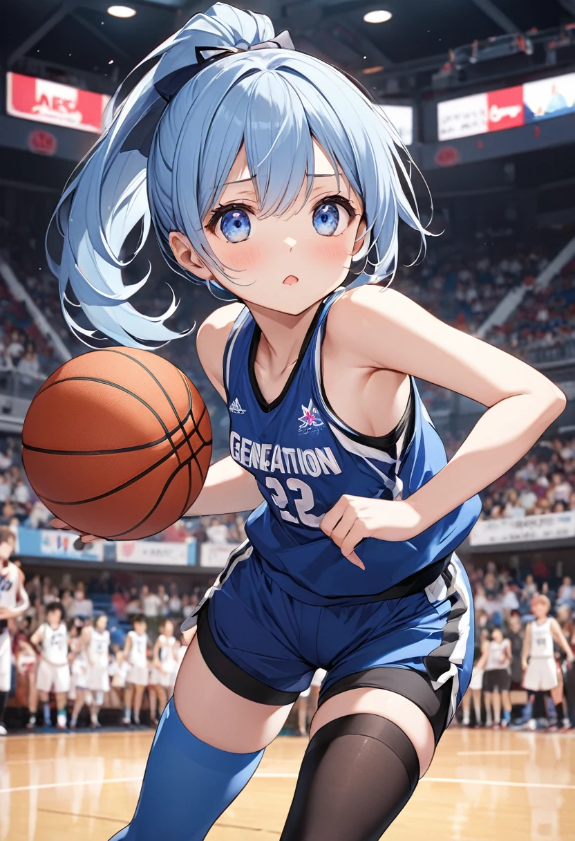 nsfw、BREAK Perfect Anatomy、Highest quality、(cute:1.1)、(cute)、(High resolution:1.2)、Unbelievably absurd:1.3、Incredible illustrations、(cuteイラスト:1.2)、Beautiful background、(1 girl) 、solo)、(10th Generation、JK、Loli face、Small breasts:1.2)、 Blue hair, blue eyes, Long ponytail hair,, Cute Hips, 、serious,(Sleeveless shirt、Shorts、Thigh-high stockings、,List Supporter),Basketball player making a dunk shot