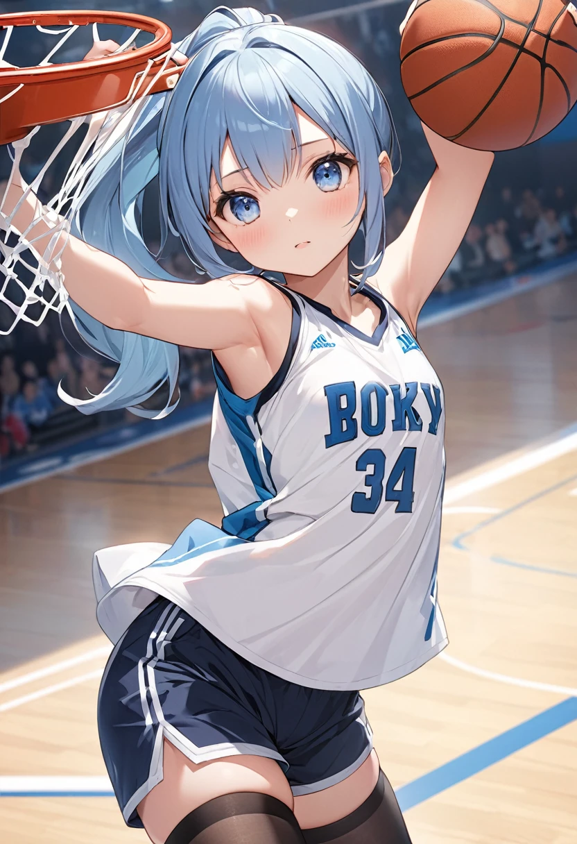 nsfw、BREAK Perfect Anatomy、Highest quality、(cute:1.1)、(cute)、(High resolution:1.2)、Unbelievably absurd:1.3、Incredible illustrations、(cuteイラスト:1.2)、Beautiful background、(1 girl) 、solo)、(10th Generation、JK、Loli face、Small breasts:1.2)、 Blue hair, blue eyes, Long ponytail hair,, Cute Hips, 、serious,(Sleeveless shirt、Shorts、Thigh-high stockings、,List Supporter),Basketball player making a dunk shot