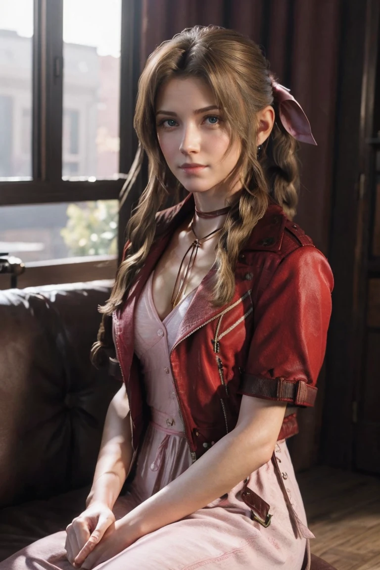 (masterpiece, best quality:1.4), insaneres, absurdres, solo, looking at viewer,BREAK MainOutfit_AerithGainsborough_ownwaifu, aerith gainsborough, 1girl, brown hair, green eyes, hair intakes, long hair, hair ribbon, jewelry, choker, braid, sidelocks, parted bangs, braided ponytail, medium breasts, necklace, lips, breasts, bolo tie, side drill, bangs, collarbone, drill hair, hair bow, red jacket, pink dress, long dress, cropped jacket, short sleeves, bracelet, pink bow, cleavage, pink ribbon, bangle, open jacket, belt, buttons, (sitting, spread legs), arms behind back, couch, window shade, indoors, depth of field, solo,