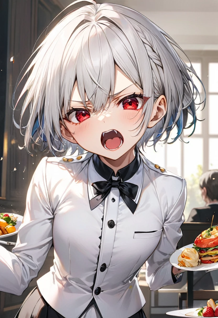 (angry:1.3 style) (wide open mouth), ( yo, solo crew cut silver hair very short hair divine boy, angry red eyes wide open, angry:1.5 face, flat chest), (in a butler suit), break, (background is food), BREAK, perfect anatomy, masterpiece, best quality, 16k, beautiful detailed body, daydreaming expression.
