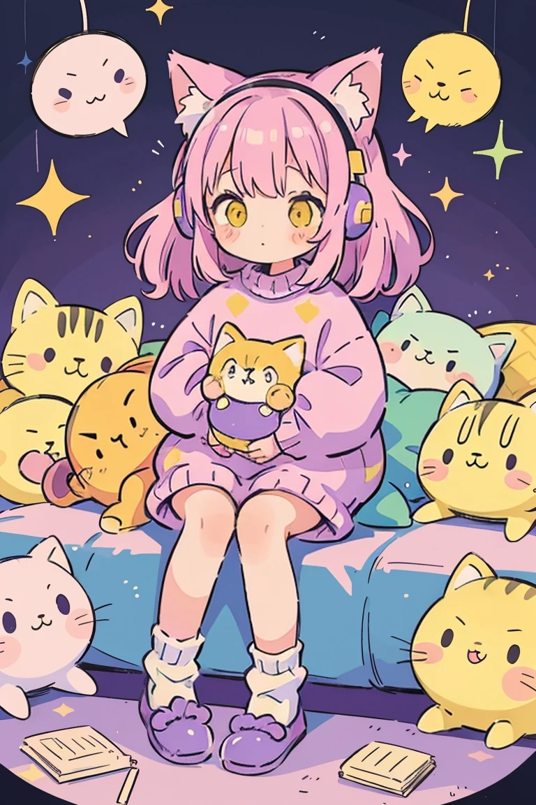Cat girl, alone, Fluffy clothes, sweater, sleeve, socks, slipper, Light pastel colors, (purple, green, pink, yellow), comfortable, dream-like, performer, Stickers, bubble, Sparkling, shine, stuffed toy, Headphones