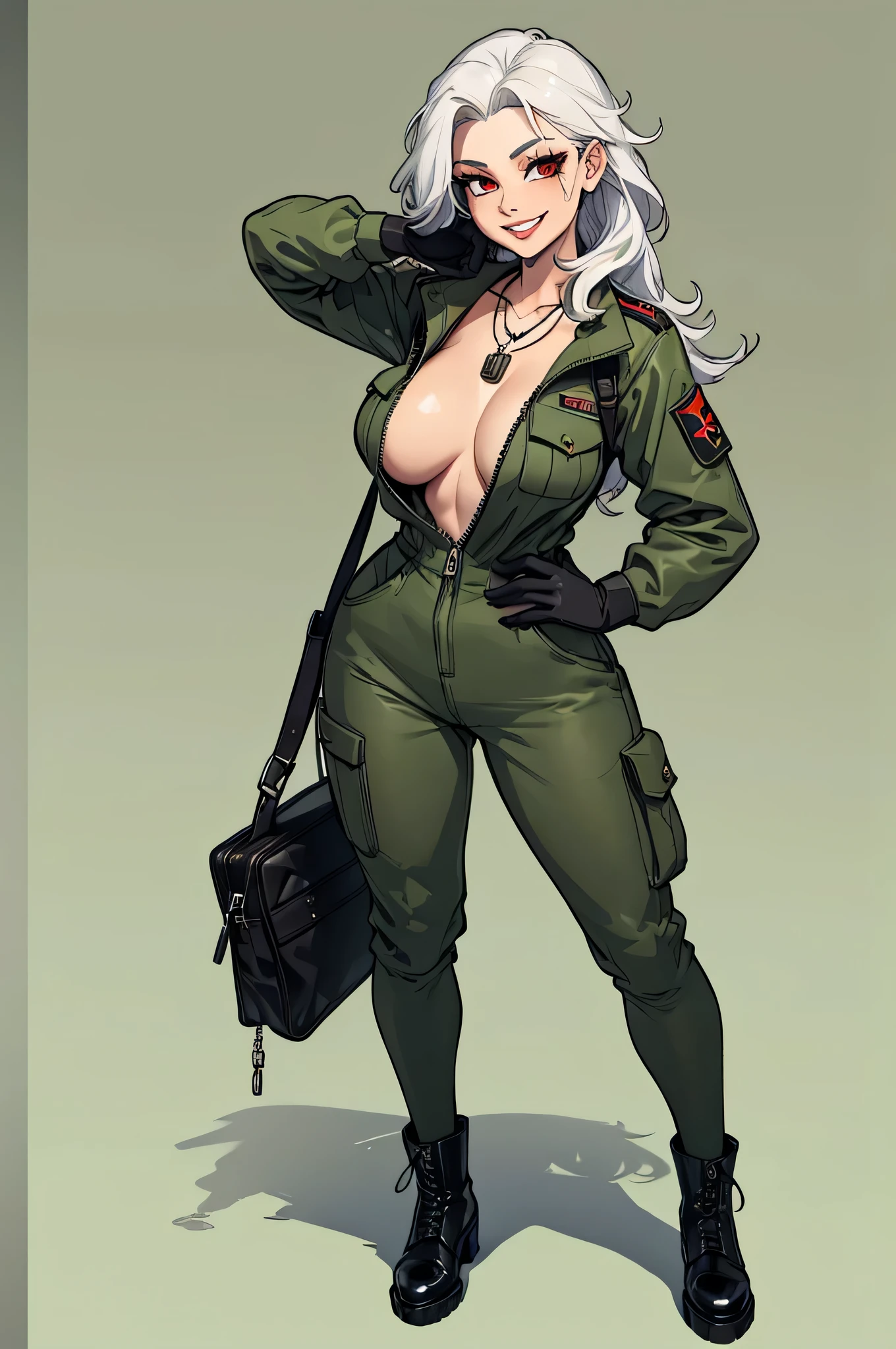 green solid background, 1 woman, best quality, ultra high res, long hair, full lips, white hair, red eyes, loose military jumpsuit, dog-tag necklace, smiling at viewers, wearing black gloves, wearing black combat boots, double D breast, standing, full body