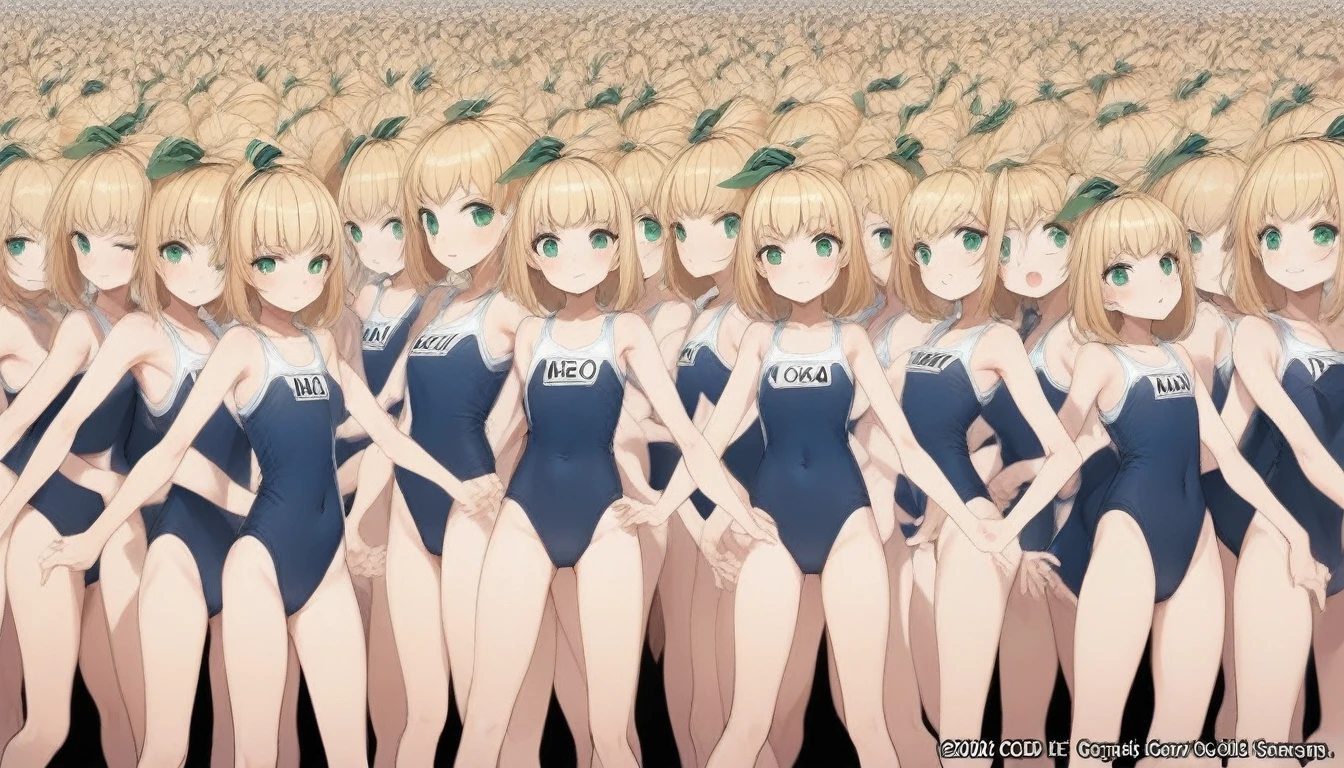 Short stature,flat chest,clone girls,extremely number of clone girls, blond hair, green eyes,roll(mega man classic),swimsuit roll(mega man x dive old design),high ponytail hair,Sleeveless navy one piece old type school swimsuit with white stripes from armpit to flank,white name tag, navy heeled sandals, green ribbon,human appearance,same height,same appearance, same face,fill the entire image, absolutely everyone, many clone, masterpiece, best quality,insanely detailed, 20000+ clone girls, perfect features,multiple clone girls,same school swimsuit,same hair,official art,girls only,extremely full of extremely crammed,huge crowd