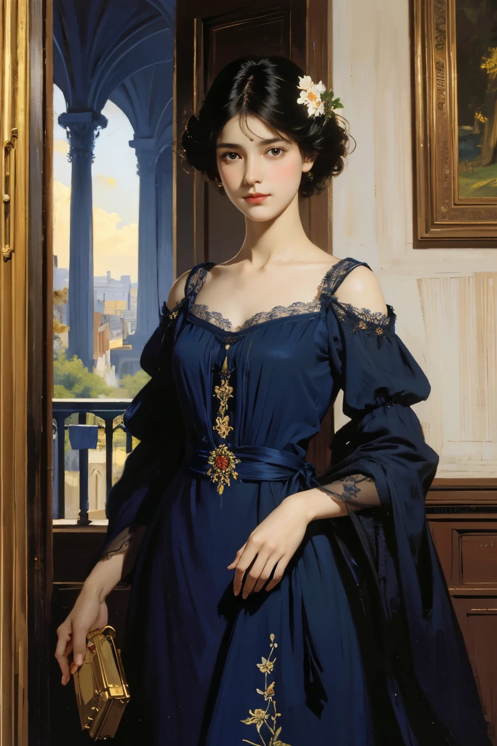 (masterpiece), (highest quality), oil, classical painting, 1 girl, (hole body), standing, portrait, bare shoulders, (beautiful prussian blue evening dress decorated with lace and embroidery :1.2), flowers、(on the balcony), (Sargent oil painting)、(highest quality、masterpiece)、 Realistic， photorealist，solo，beautiful face、lifelike face、black haired、short hair、beautiful hairstyle、 real looking skin、beautiful skin、attractive、Cute blouse、 Upper body，detailed，dark background，Backlight、soft light、Inspired by Edmund Leighton,