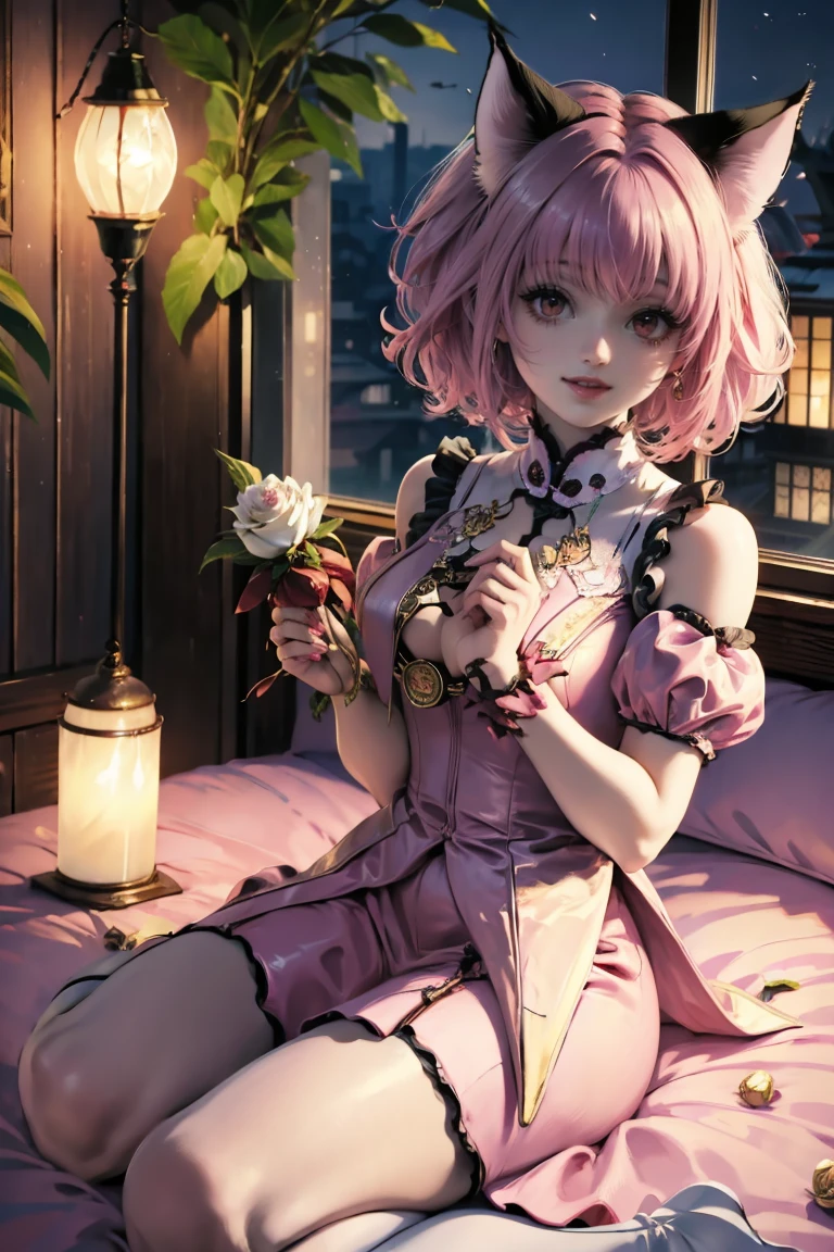 Ichigo Momomiya, Tokyo Mew Mew, short hair, pink hair, ornament hair, cat ears, perfectly body, perfectly hands, flowing hair, maid, maid dress, maid headdress, maid apron, white apron, holding a lantern, Chinese lantern, shrine scenery, red roses on focus, gold lantern, Chinese style, Chinese maid dress, marsala dress, more details on her clothes, black dress with transparency, golden details, night, smiling, ((4k, masterpiece, top-quality)),8k, best quality, high resolution, HD, (illustration:0.8), super cute girl, delicate and beautiful face, mature girl, super cute hairstyle, (beautiful detailed eyes:1.6), extremely detailed face, perfect lighting, extremely detailed CG, (perfect hands, perfect anatomy), Best quality, cleavage, small skirt, full Body, two arms, two legs, two hands, five fingers