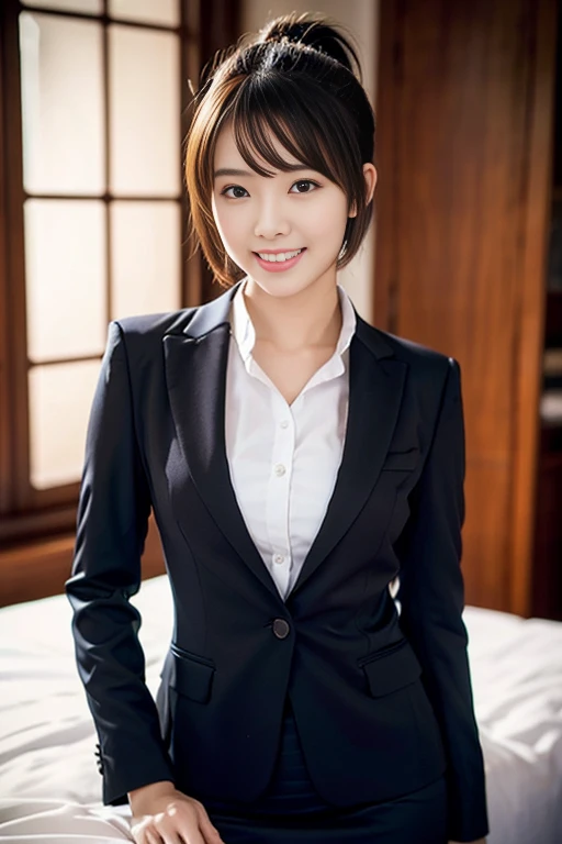 a gorgeous lady, age 22, Formal Skirt Suit with Blouse, posing naturally on a bed, dimpled smile, short ponytail hair, cute snaggleteeth, ample round bosom, photorealistic, beautiful detailed eyes, hyper-realism, high contrast, ultra HD, realistic skin textures, top image quality, top-quality, super high resolution, fine details, very meticulously, bokeh background