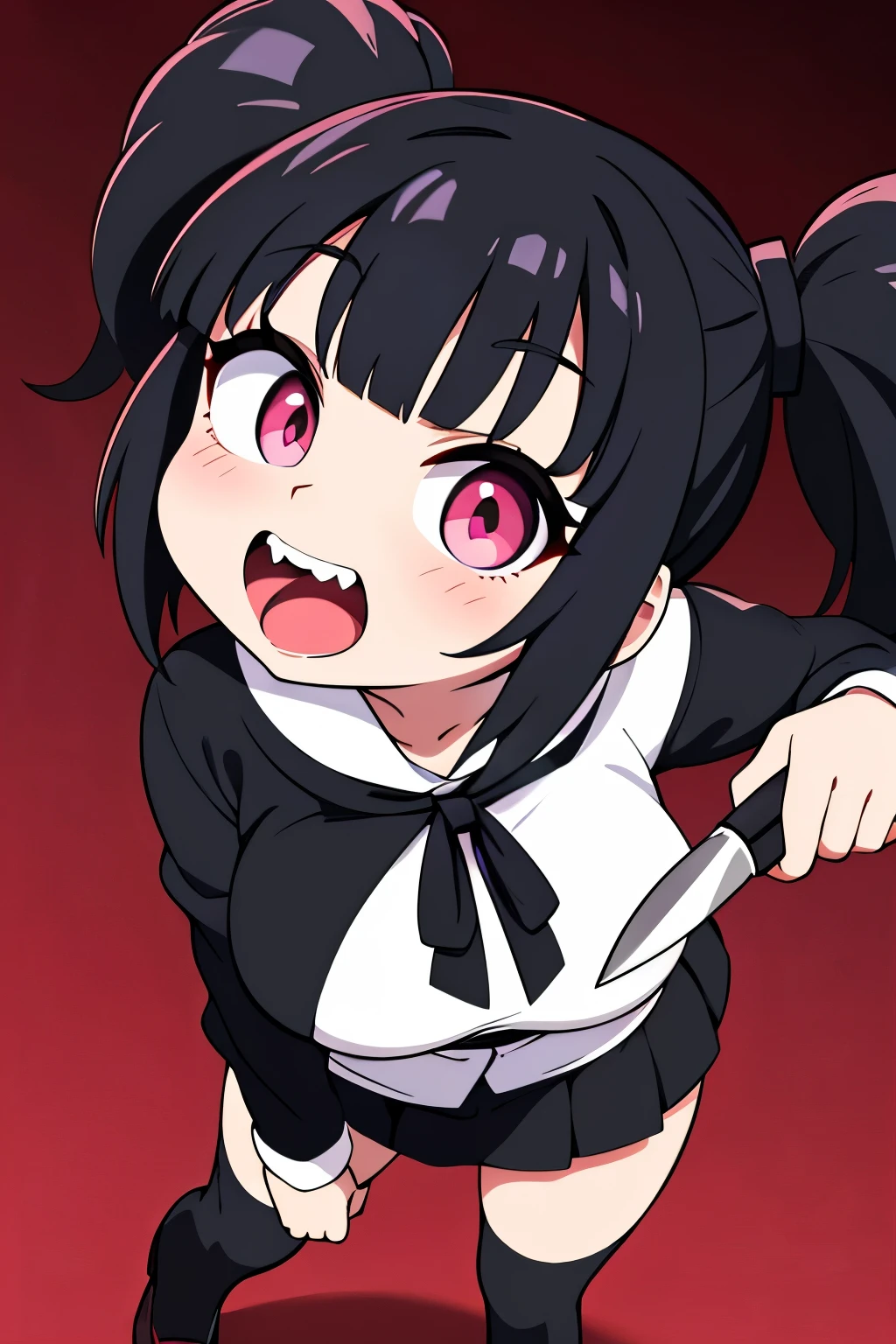 Mimi is an adult with black hair tied up into twintails. She has straight bangs. She has pink eyes. She has big breasts and shiny oiled skin. She wears anoutfit with a black cardigan, white mini skirt, black tights, white legwarmers, and loafer shoes. She had an evil grinning expression. She is short. Scary background. She is a domme. Low angle, goth girl, goth girl aesthetic. Scary aesthetic. Horror aesthetic. Holding a knife. Vampire teeth. Bloody. Horror background. 