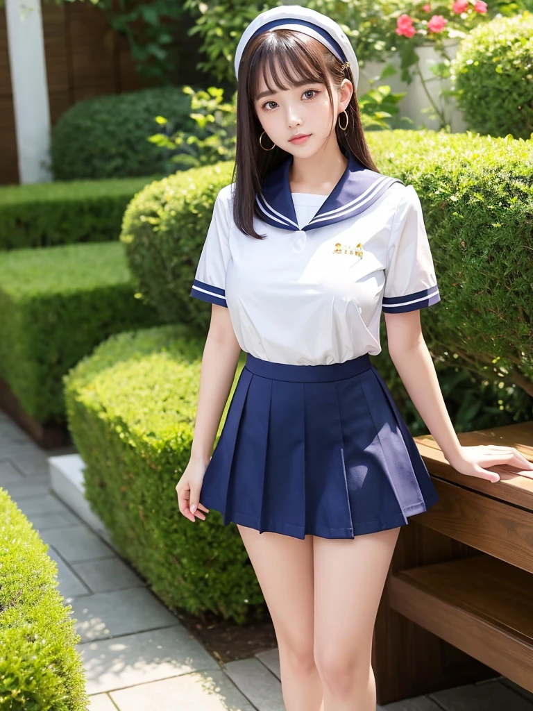 Beautiful woman、cute、Plump body、Big Tits、Earrings、Standing with legs apart、Super mini skirt short sleeve sailor uniform、garden、(Shiny skin:1.3)、From the thigh up