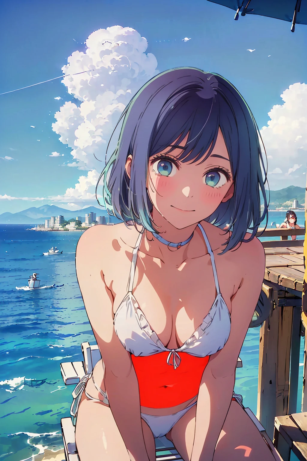 (Highest quality:1.4、8k:1.4,detailed),F cup bust、Big Breasts、Slim and beautiful arms、Slim body、Very white beautiful skin、((((1 person、smile、Swimwear、smile、sit、Chair、In the background are the urban buildings of Tokyo、Outdoor café terrace、coastal、Navy hair color、juice、table、She is wearing a white side-string high-leg bikini、Hide your chest、Get up close and take a photo、Looking up、Very cute face))))、looking at the camera、Very beautiful face、Very blue sky、A completely cloudless sky、She tilted her head slightly、The atmosphere is bright and lively、The woman is at the center of the image。