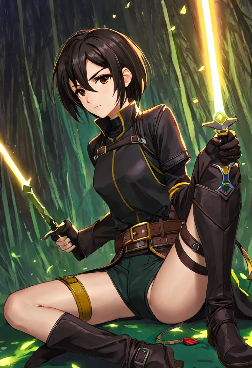 Anime, flat , (Ellen 18-years-old, short dark layered hair, Brown-eyed, small breast:1.0), hair clips
Fantasy Rogue outfit, belt, spread legs, sitting, embarrassed, groin ,