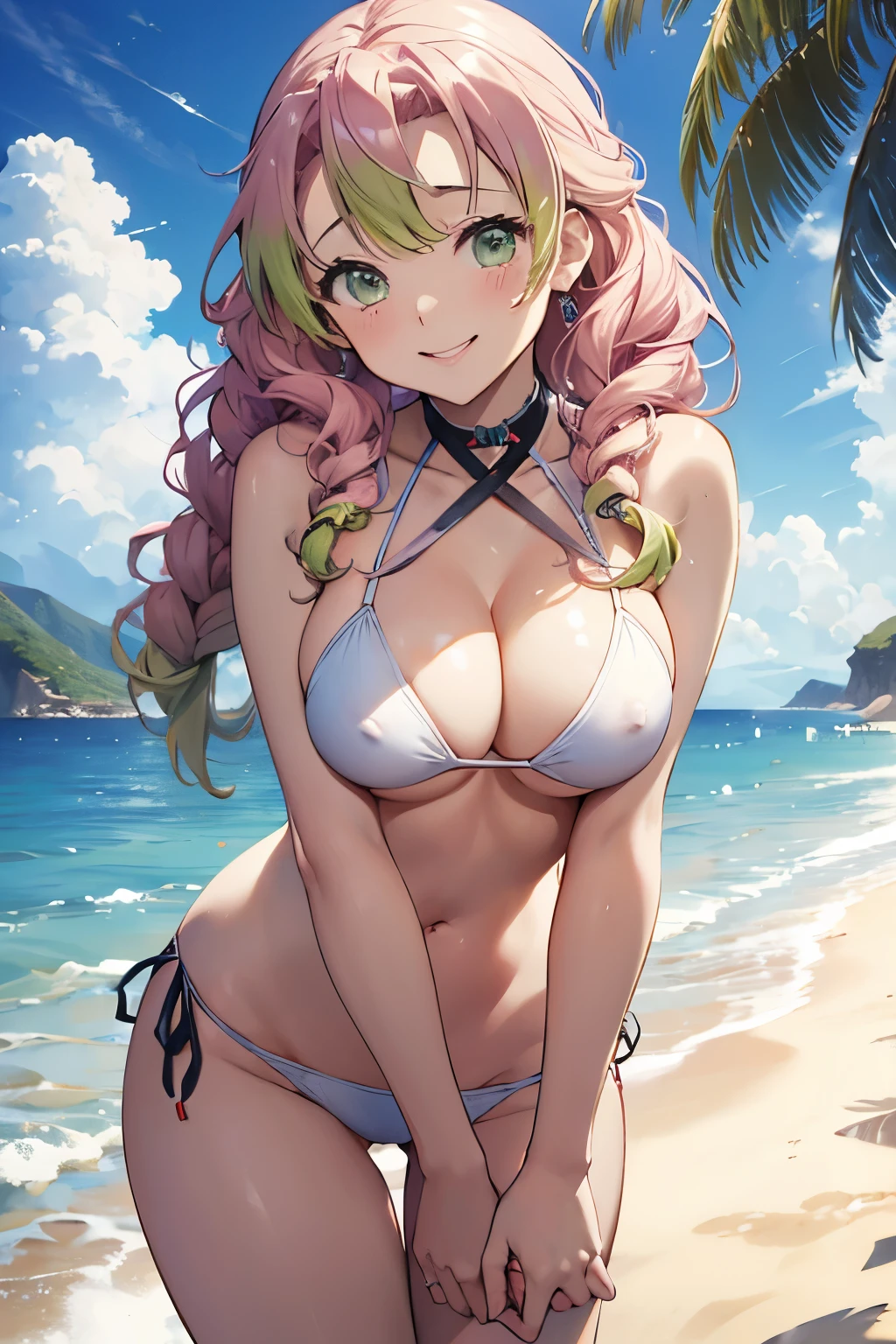 (8K、masterpiece、Highly detailed background、high resolution)、(mitsuri kanroji)、Cleavage、(beach、White Bikini、Swim ring、Gravure pose、Embarrassed smile、Nipple protrusion)