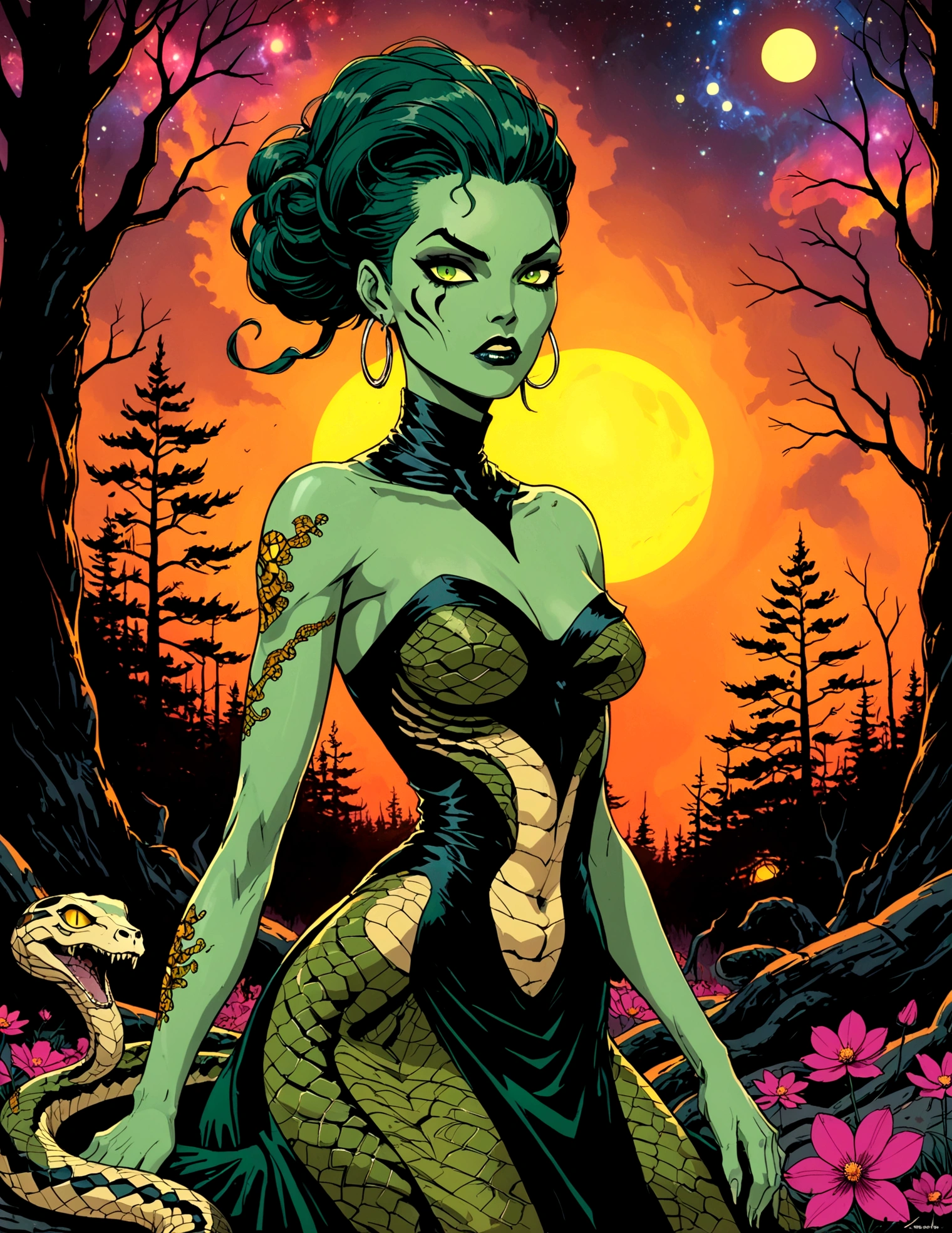 Medusa, wearing snake skin dress cosmic abyss velvet black dress, only light source dazzling glistening reflections of starlight and moonlight off elegant and eloquent dress, unfinished expressive rough-sketch splash page decompressed comic cover art, ink style figure, ((expressive Joelle Jones and "Sean Gordon Murphy" comic drawing)), wordless, cinematic poster, morphology anatomy drawn Frederic Delavier musculature anatomical illustration, (face, ornate blackmetal corpsepaint, resembles Grace Jones), abyss void black no visibility darkness, full length portrait, (background, pine barrens, entropy, rewilding, magic hour sunset, galaxy stars, cosmos), (colors, bleak muted deep fiery radiant glowing ROYGBIV, forest green, earth brown), candid, snake skin dress, (body, Naga, snakefolk, lower body snake tail, snake woman hybrid, bald, hairless, skeleton, snake skin tattoos, piercing eyes, snake pupils, over the shoulder), craftsmanship nuance, (Gerardo Zaffino charcoal), (horror, abstract, surreal, body, cosmic), subliminal orchids, nyctophobia, silhouette, double exposure, image within image,