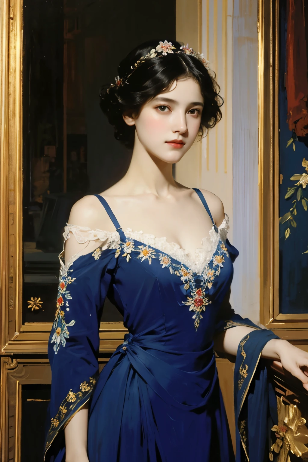 (masterpiece), (highest quality), oil, classical painting, 1 girl, (hole body), standing, portrait, bare shoulders, (beautiful prussian blue evening dress decorated with lace and embroidery :1.2), flowers、(on the balcony), (Sargent oil painting)、(highest quality、masterpiece)、 Realistic, photorealist,solo,beautiful face、lifelike face、black haired、short hair、beautiful hairstyle、 real looking skin、beautiful skin、attractive、Cute blouse、 Upper body,detailed,dark background,Backlight、soft light、Inspired by Edmund Leighton,