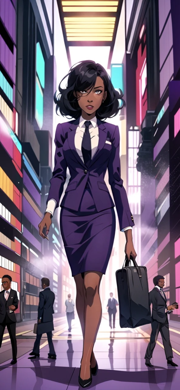 Black anime business woman in a purple skirt suit