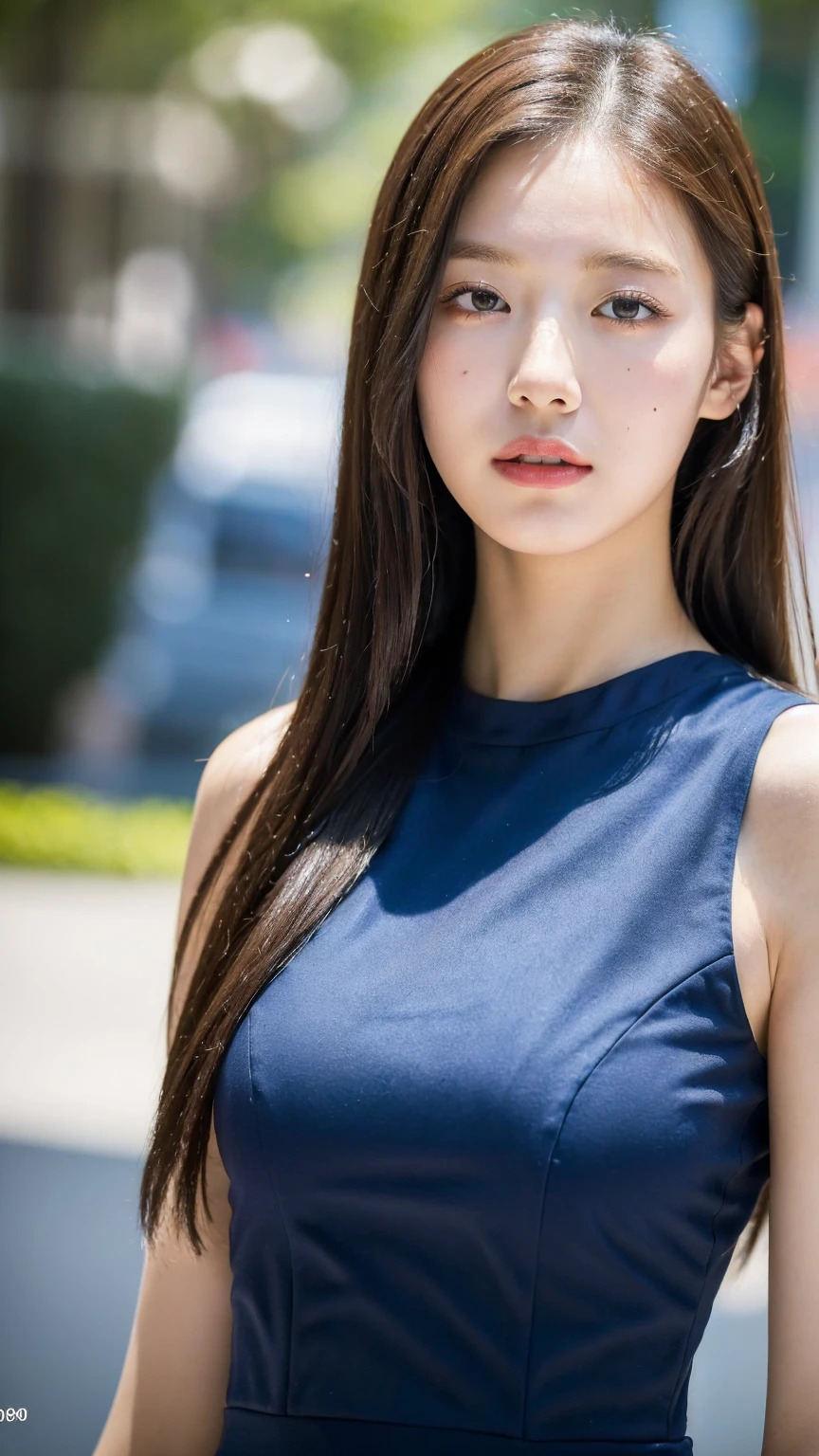 ((Best quality, 8K, masterpiece:1.3))，1girl，18 years old，Asian，Real texture:1.3，(Background blur:1.3)，Gorgeous long dress，Tall and slender figure:1.2，(Hot summer weather)，（street:1.3），Highly detailed face and skin textures，Exquisite eyes，Long eyelashes，Double eyelids，Skin Whitening，happy