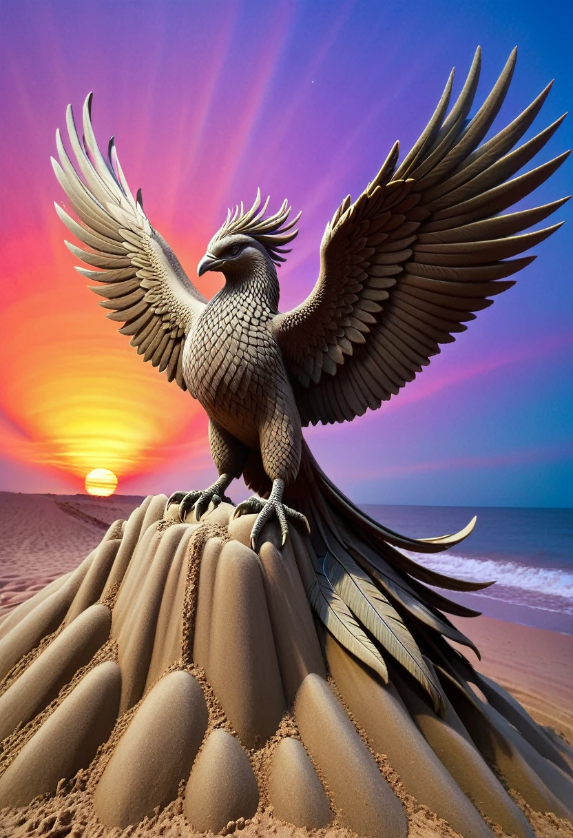 Sand sculpture style,  Colorful phoenix：这只Colorful phoenix的羽毛在阳光下流转着彩虹般的色彩，From the red flame to the mysterious violet light，Every feather seems to contain a story of the world。Its chirping is clear and melodious，It's like the sound of nature，Whenever it flies by，Will leave a gorgeous rainbow trail in the sky。，Strong sense of déjà vu。