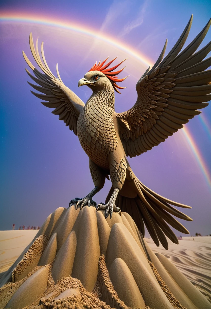 Sand sculpture style, Colorful phoenix:这只Colorful phoenix的羽毛在阳光下流转着彩虹般的色彩,From the red flame to the mysterious violet light,Every feather seems to contain a story of the world。Its chirping is clear and melodious,It's like the sound of nature,Whenever it flies by,Will leave a gorgeous rainbow trail in the sky。,Strong sense of déjà vu。