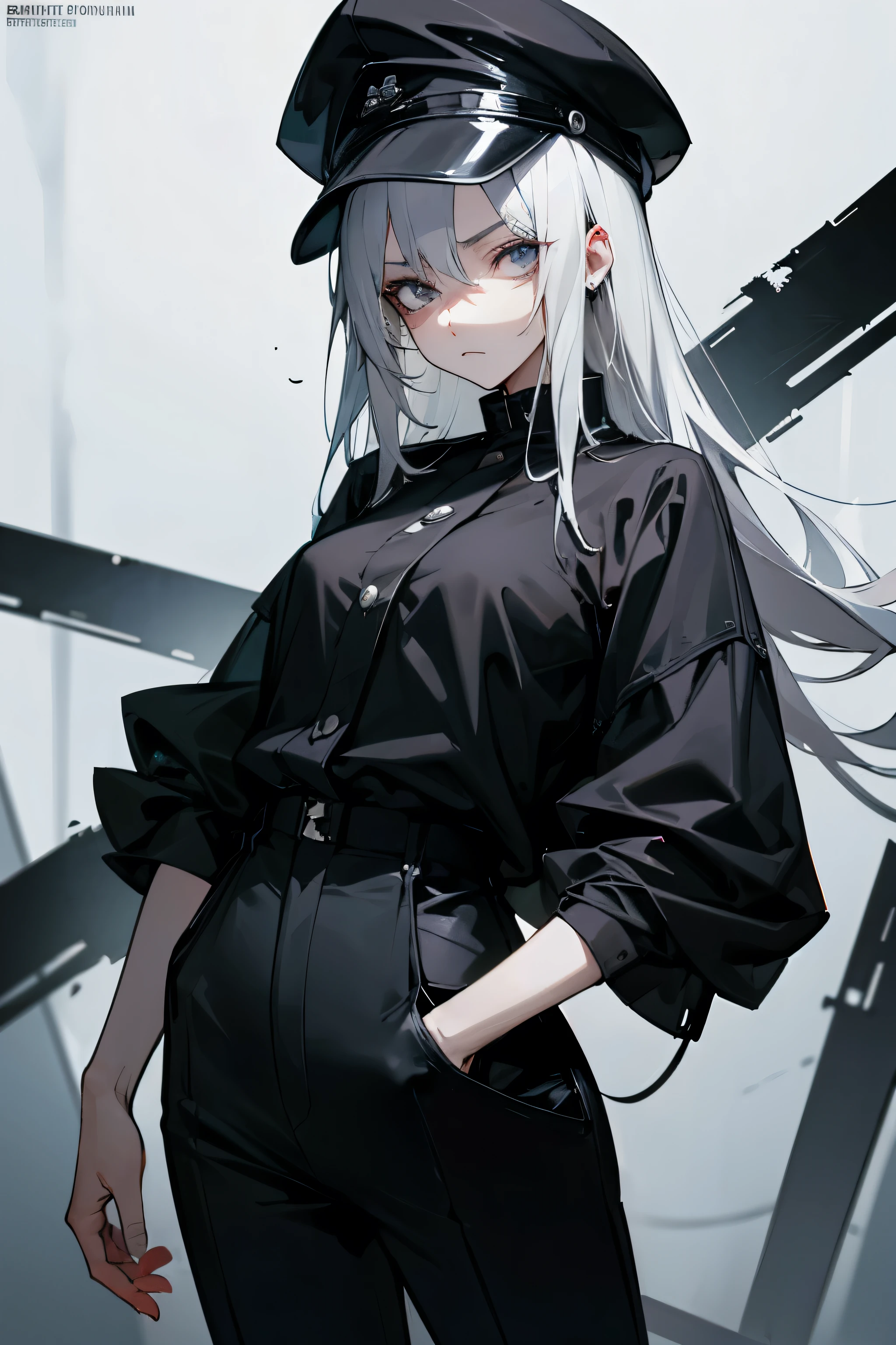 Obra de arte, (hopeless biopunk horror), garota de anime sombrio, olhos cinzentos, roupas fechadas longas e estritas, shiny black cap, black long pants, muita cinza,, arte altamente detalhada, cabelo branco, serious expression