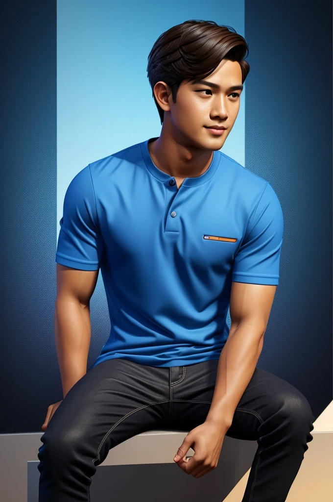 "Create a 3D illustration of an realistic character of a handsome boy sitting casually on top of a social media logo "Facebook". The character must wear modern filipino clothes. The background of the character is mockup of his Facebook profile page with a profile name "Mark Aradillos" and a profile picture same as character"